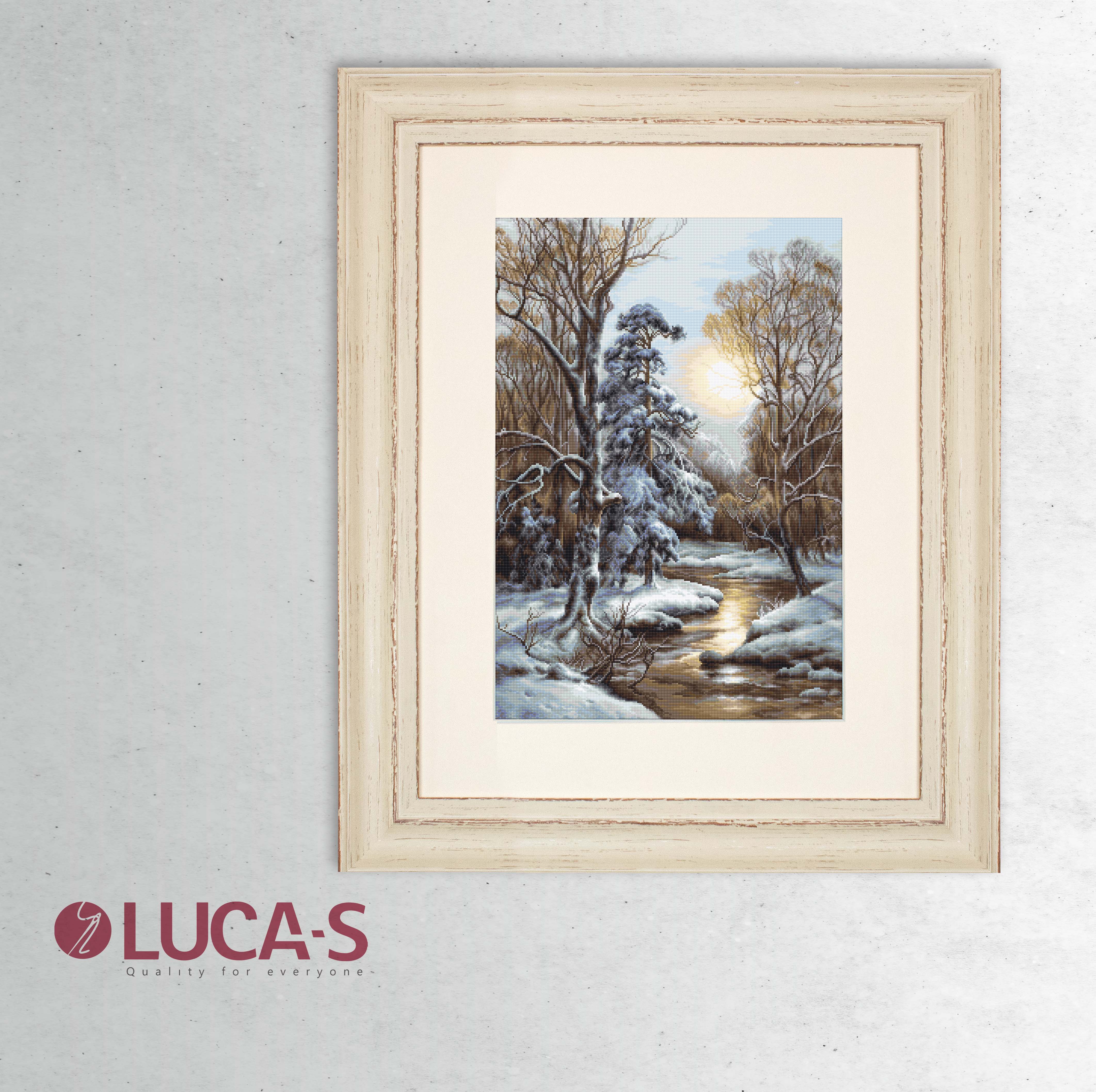 Kit Broderie Gobelin Luca-S G596 Dezgheț, Peisaj Iarnă Pădure Zăpadă, 23x33 cm, 41 Culori, Pânză Zweigart, Ață Anchor