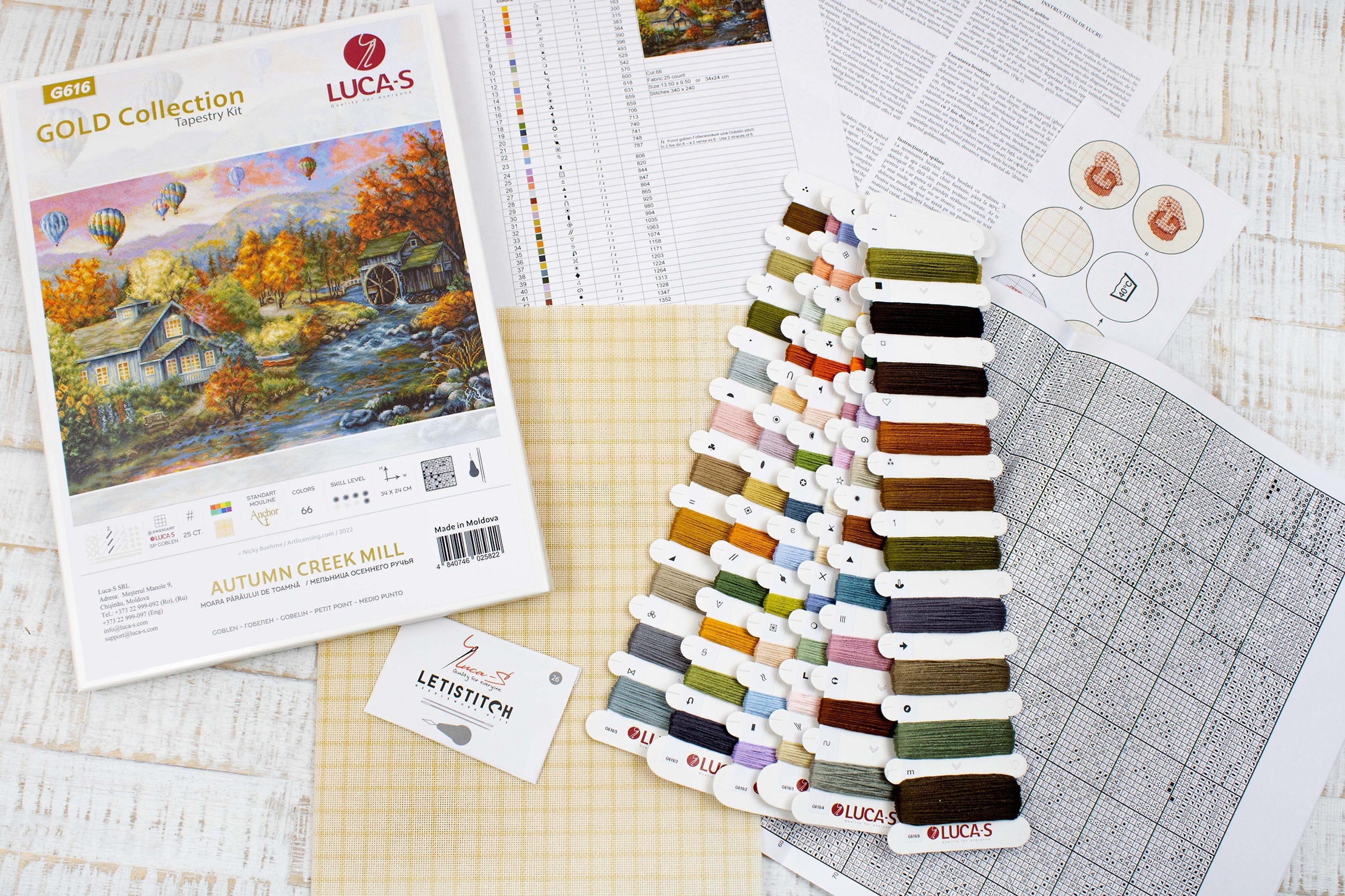 Luca-S G616 Autumn Creek Mill Cross Stitch Kit, Gold Collection, 34x24 cm, 25ct Zweigart Canvas, Anchor Cotton Threads, 66 Colors