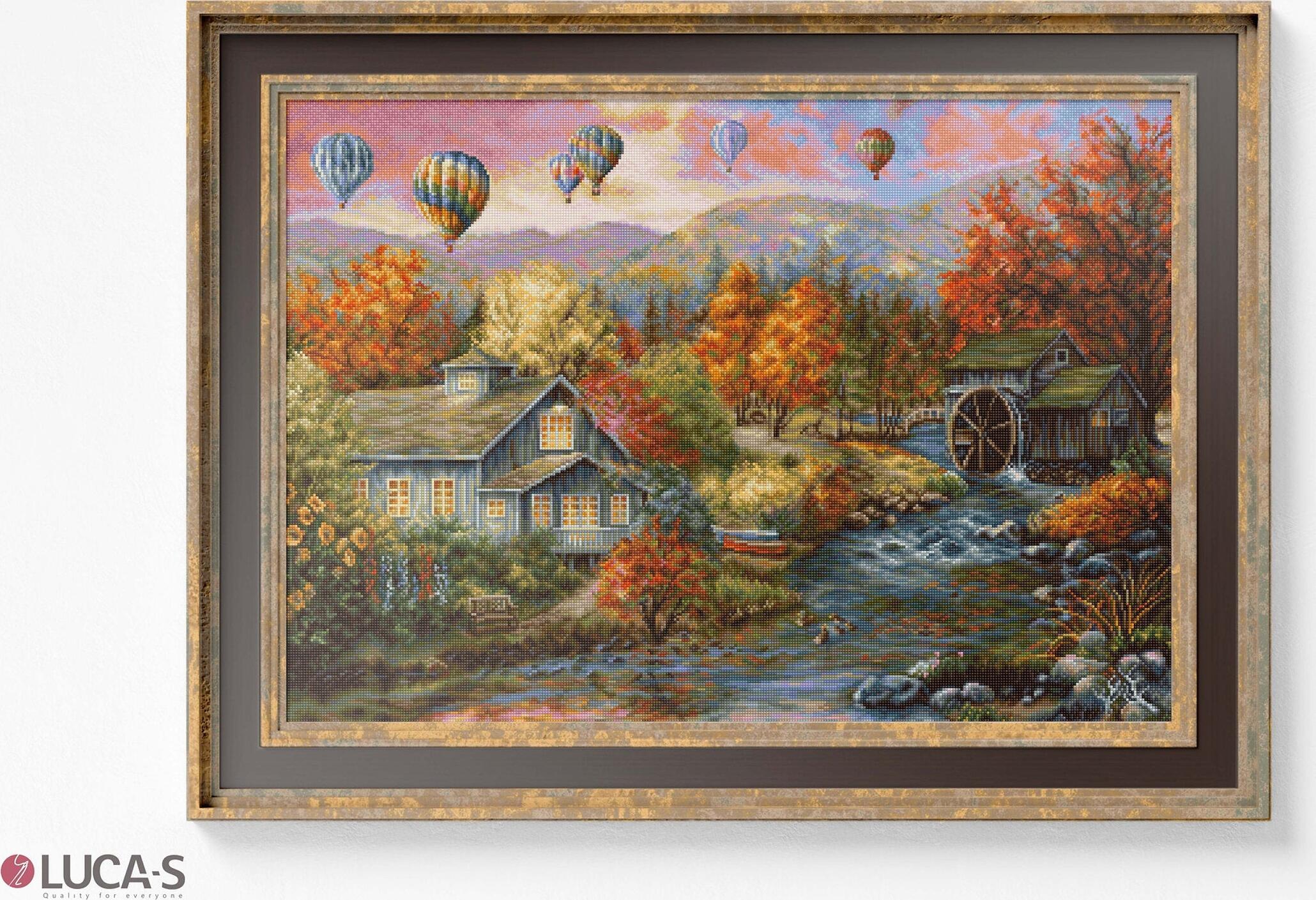 Luca-S G616 Autumn Creek Mill Cross Stitch Kit, Gold Collection, 34x24 cm, 25ct Zweigart Canvas, Anchor Cotton Threads, 66 Colors