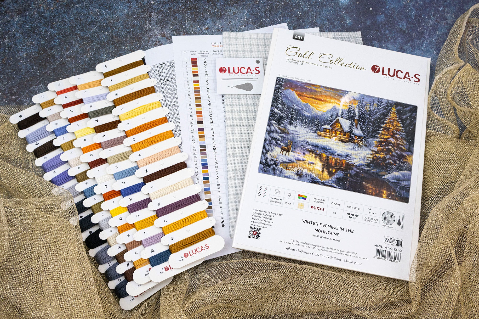 Набор для вышивания Luca-S G721 Зимний вечер в горах, Gold Collection, 32 x 22 см, ткань Zweigart 25 ct, 59 цветов, нити 100% хлопок