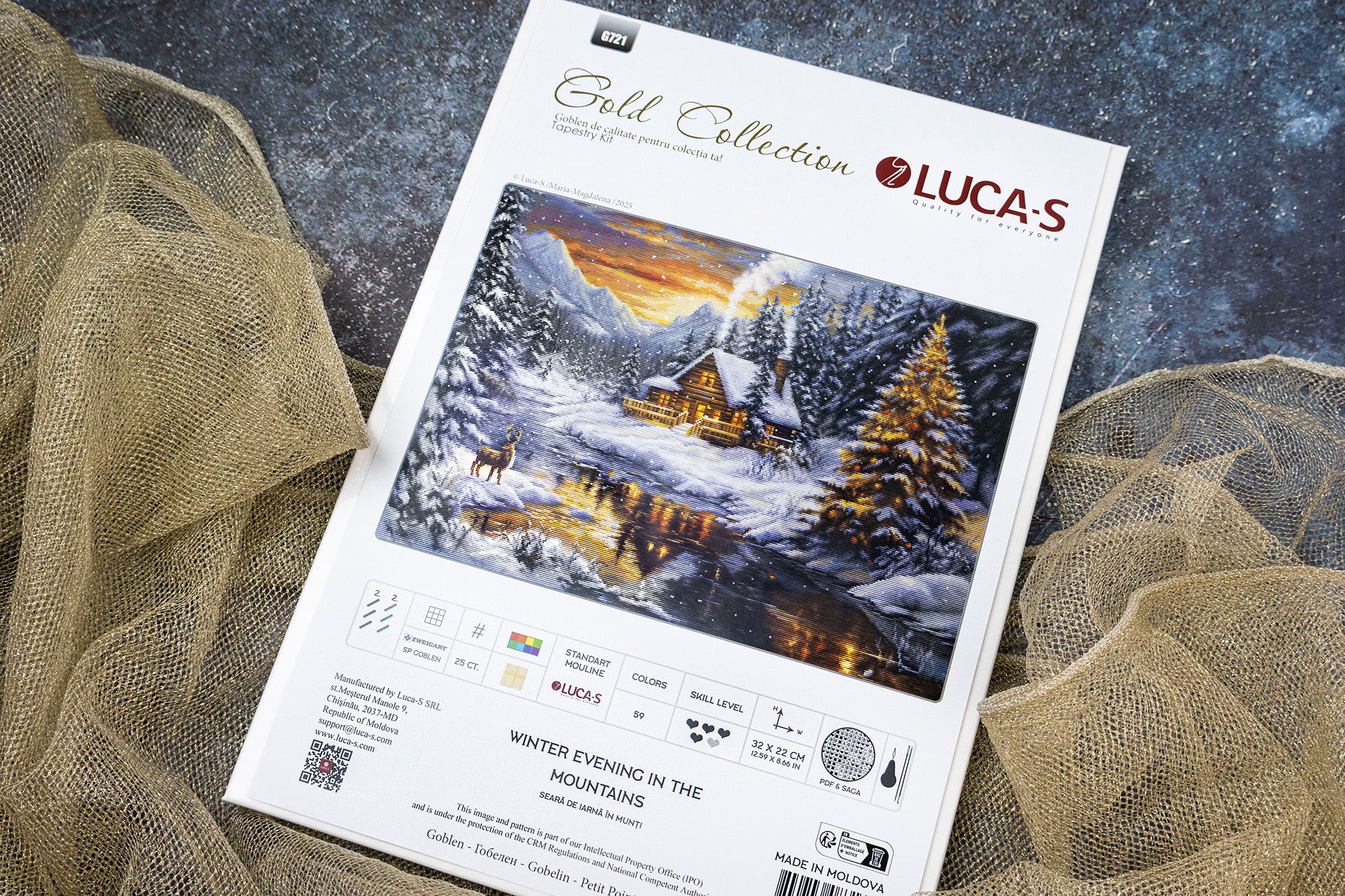 Набор для вышивания Luca-S G721 Зимний вечер в горах, Gold Collection, 32 x 22 см, ткань Zweigart 25 ct, 59 цветов, нити 100% хлопок