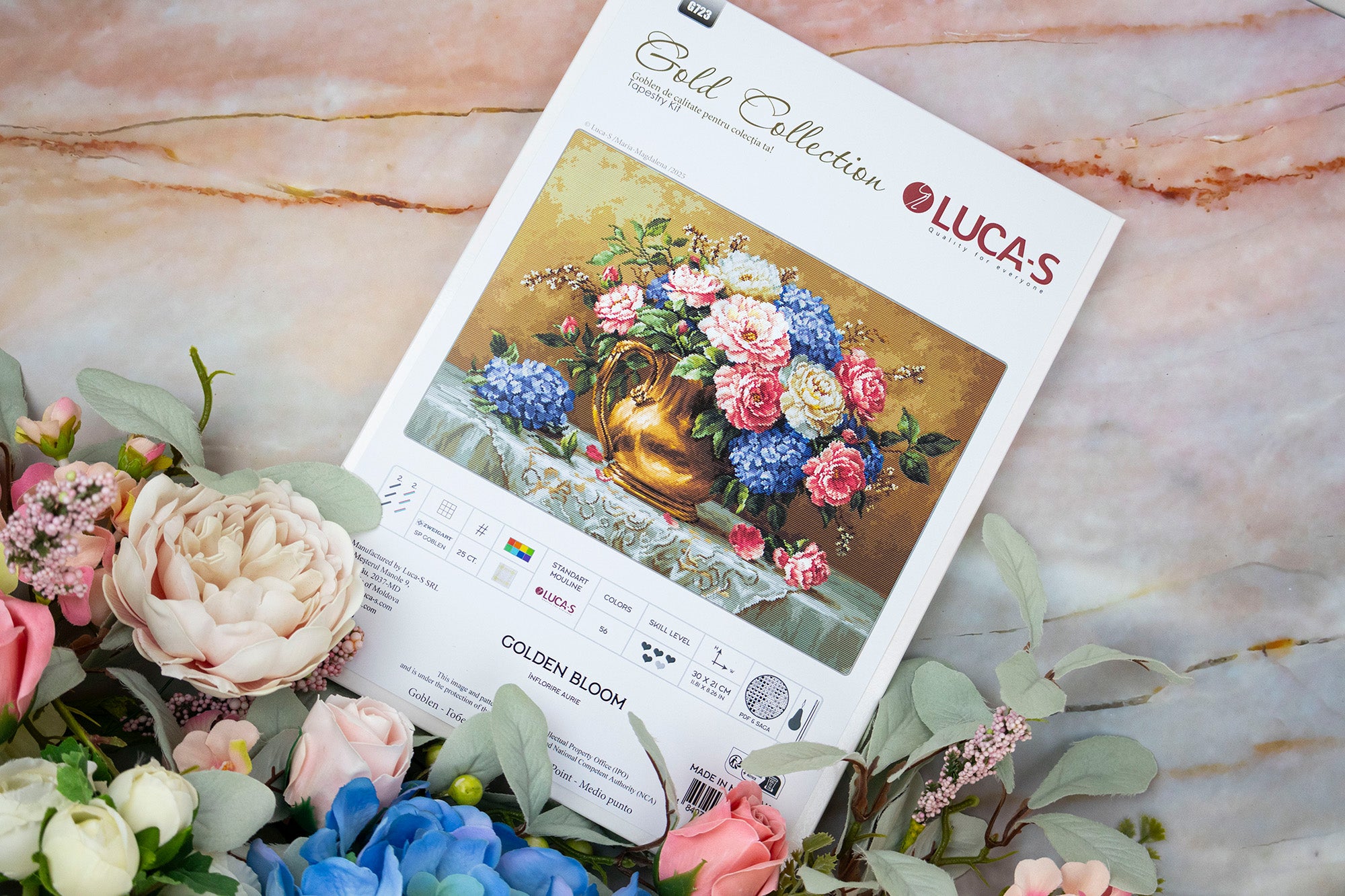 Luca-S G723 Golden Bloom Gobelin Embroidery Kit, Gold Collection, Zweigart 25 ct Canvas, 30 x 21 cm, 56 Colors, 100% Cotton Thread