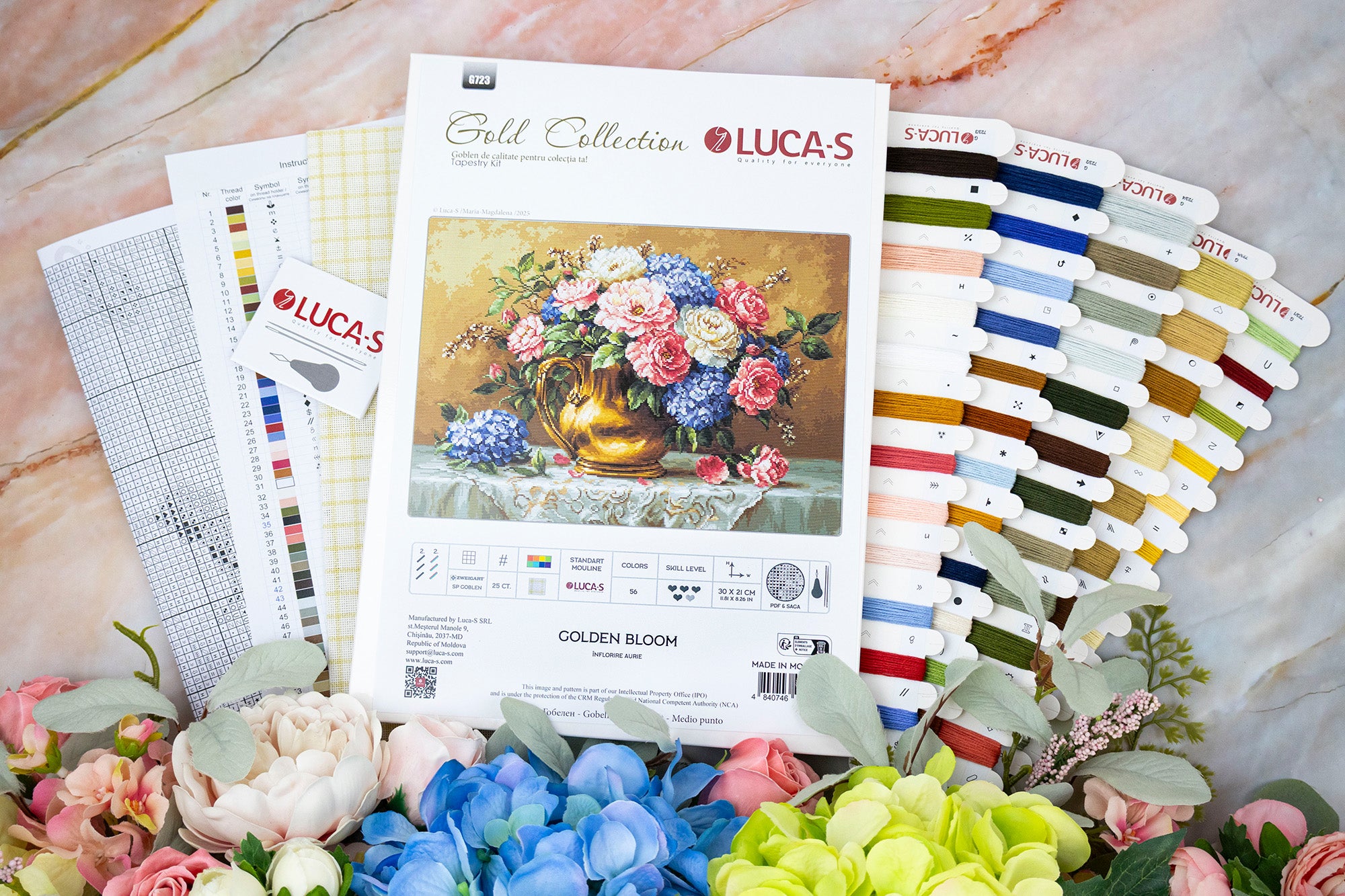 Luca-S G723 Golden Bloom Gobelin Embroidery Kit, Gold Collection, Zweigart 25 ct Canvas, 30 x 21 cm, 56 Colors, 100% Cotton Thread
