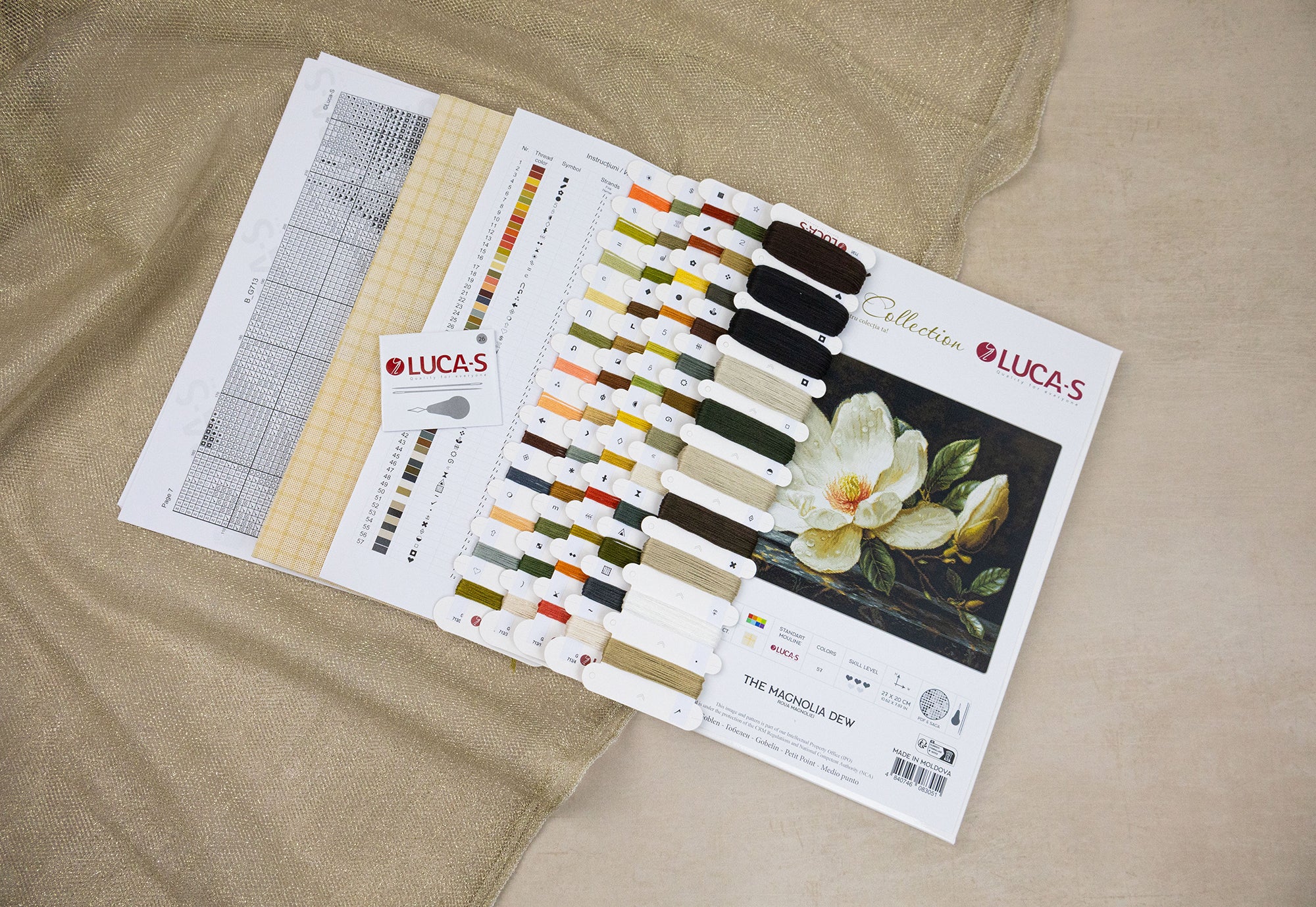 Luca-S GOLD G713 The Magnolia Dew Cross Stitch Kit, 27 x 20 cm, 57 Colors, Zweigart 25ct Canvas, 100% Cotton Thread