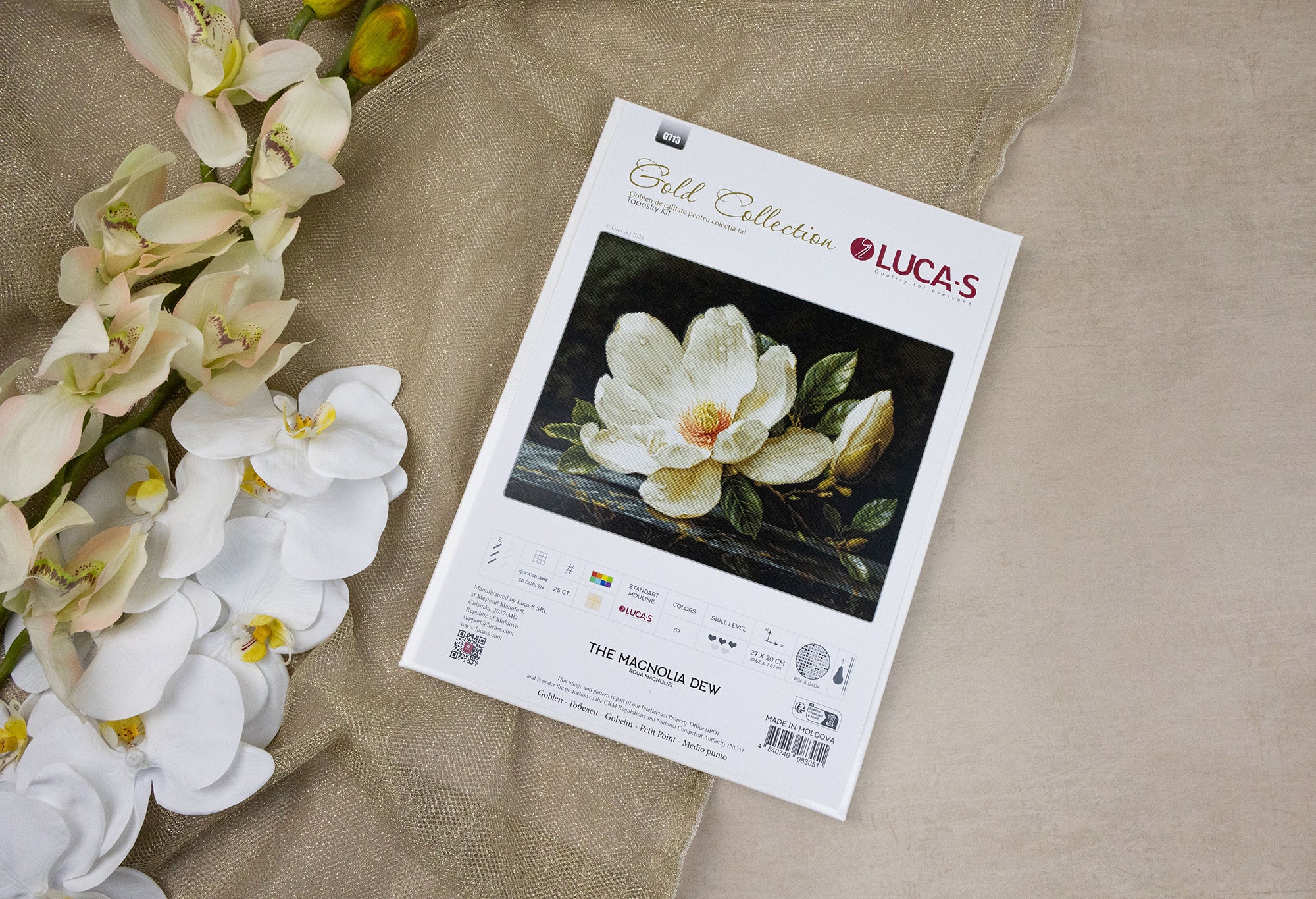 Luca-S GOLD G713 The Magnolia Dew Cross Stitch Kit, 27 x 20 cm, 57 Colors, Zweigart 25ct Canvas, 100% Cotton Thread