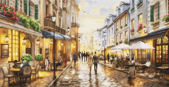 Luca-S Gold Collection G729 Night Time Café Cross Stitch Kit, 40x20 cm, 77 Colors, Zweigart 25ct Fabric, 100% Cotton Thread