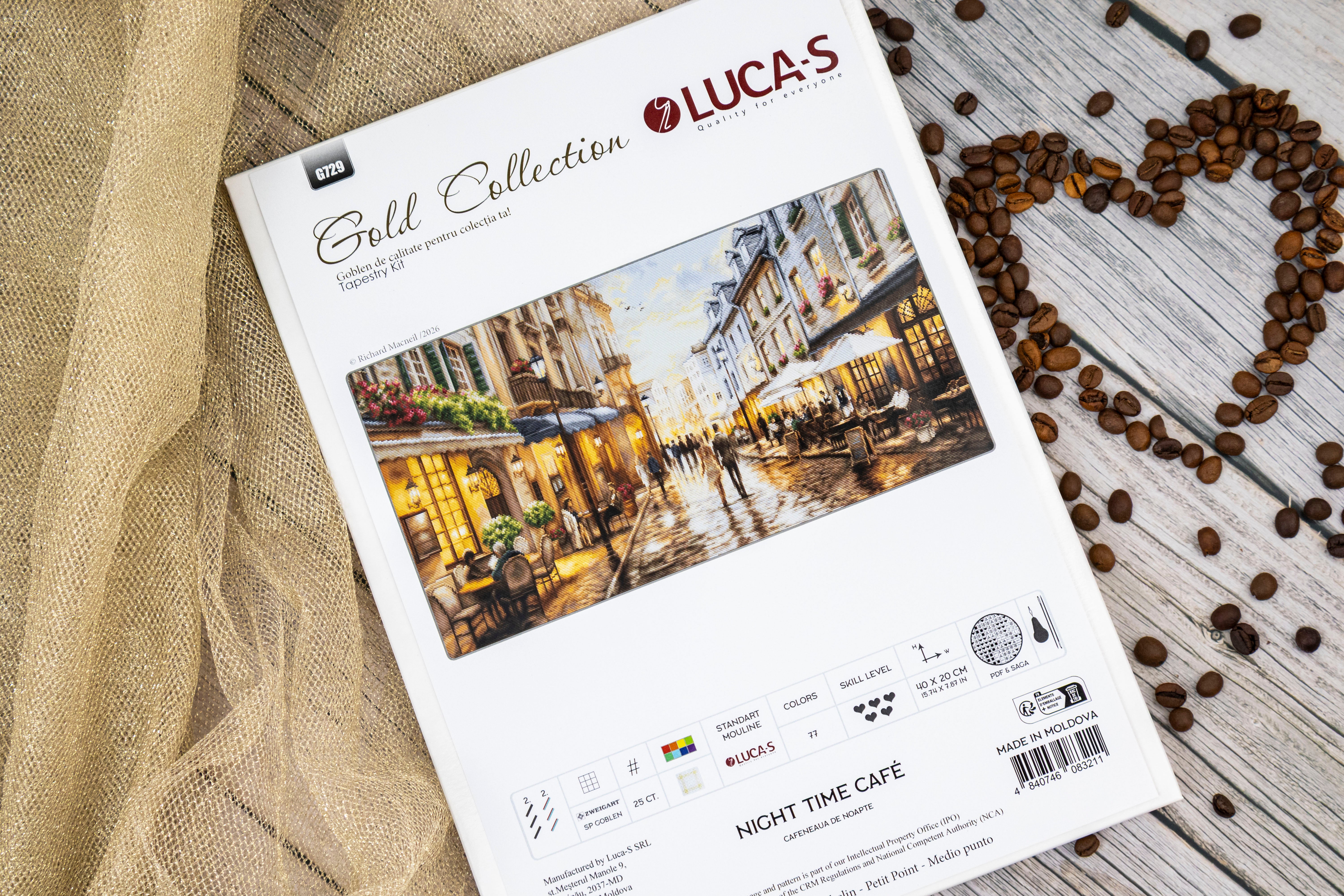 Luca-S Gold Collection G729 Night Time Café Cross Stitch Kit, 40x20 cm, 77 Colors, Zweigart 25ct Fabric, 100% Cotton Thread