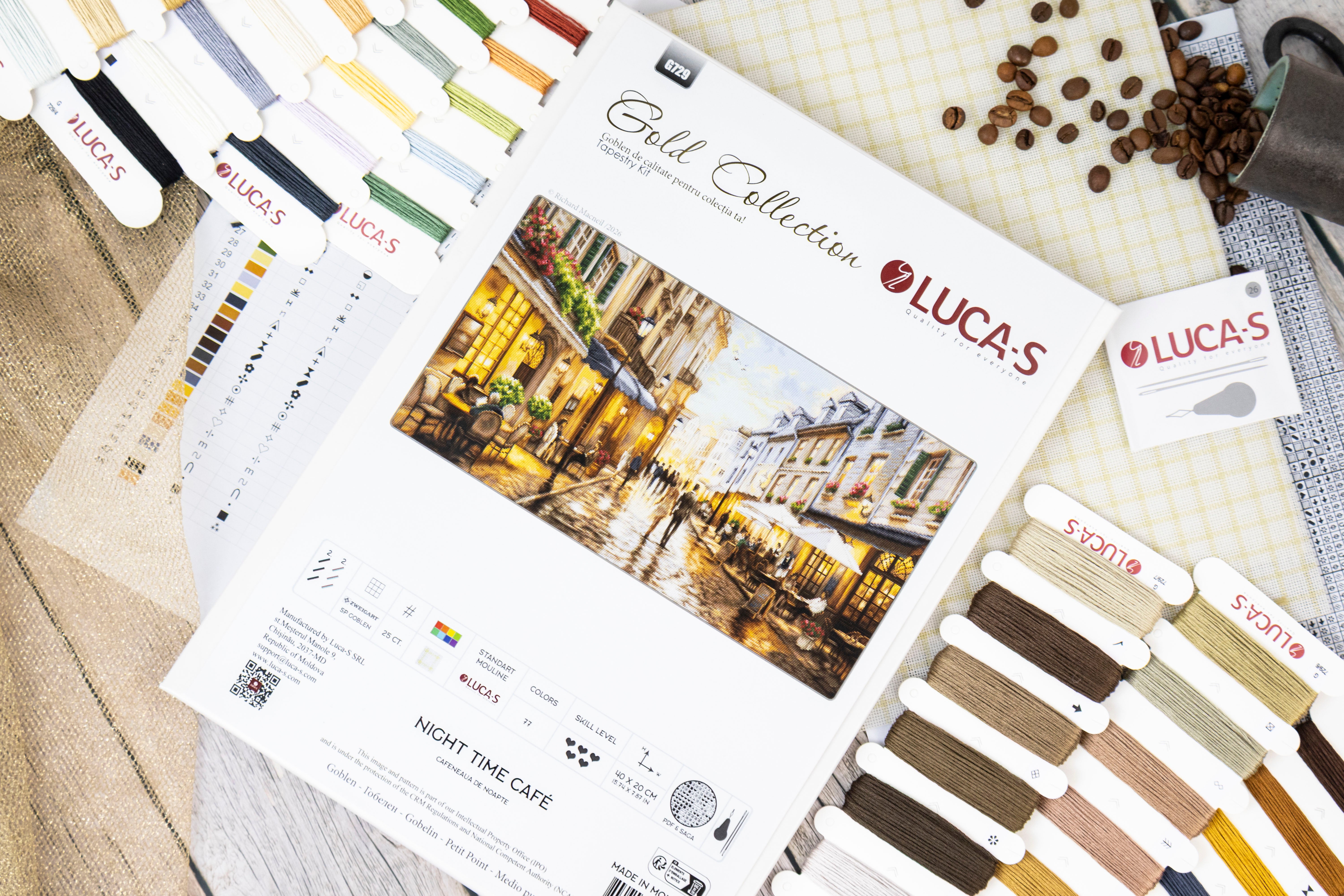 Luca-S Gold Collection G729 Night Time Café Cross Stitch Kit, 40x20 cm, 77 Colors, Zweigart 25ct Fabric, 100% Cotton Thread