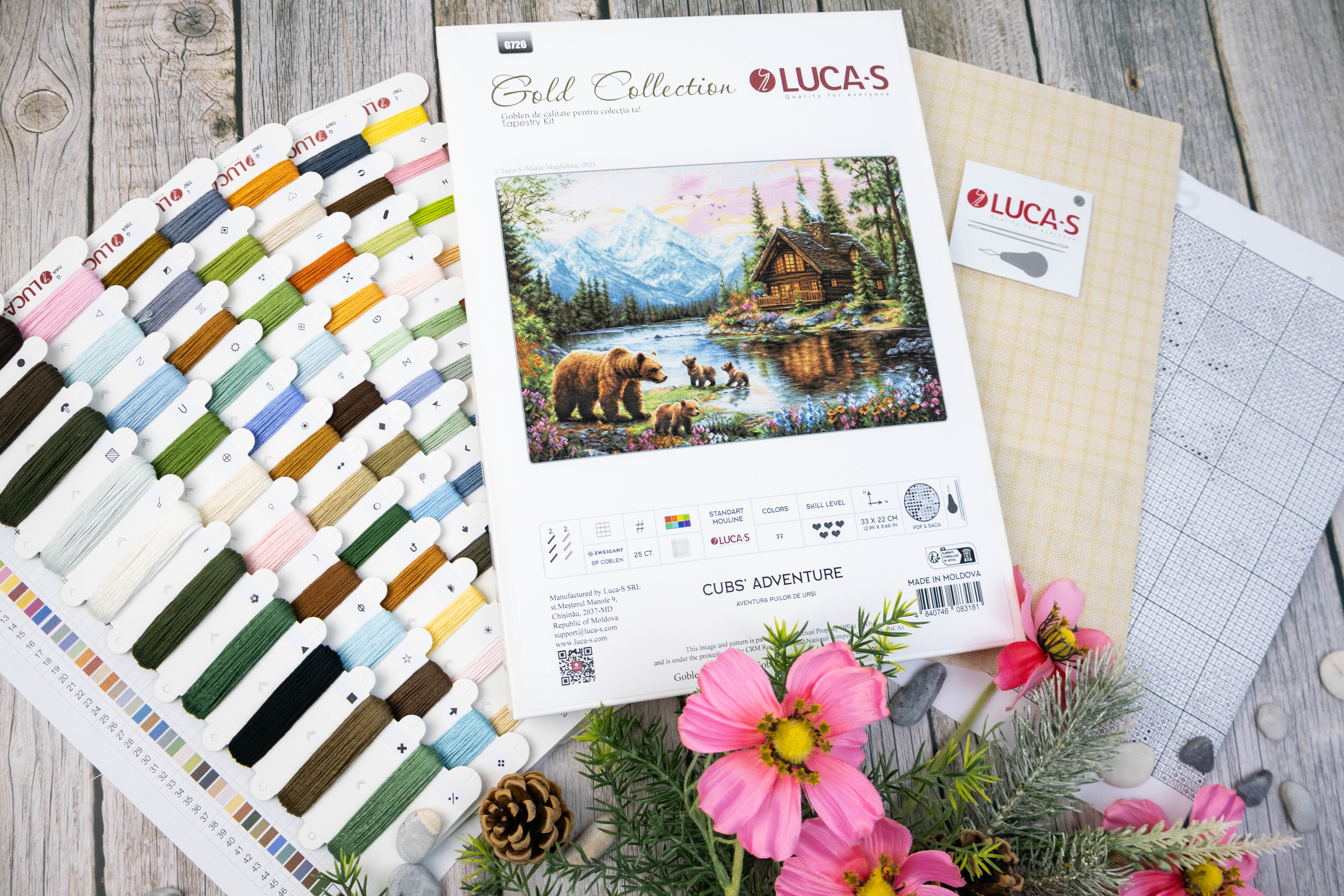 Kit Broderie Luca-S GOLD Aventura Puilor de Urși G726, 33x22 cm, Pânză Zweigart 25ct, 77 Culori, Ață 100% Bumbac
