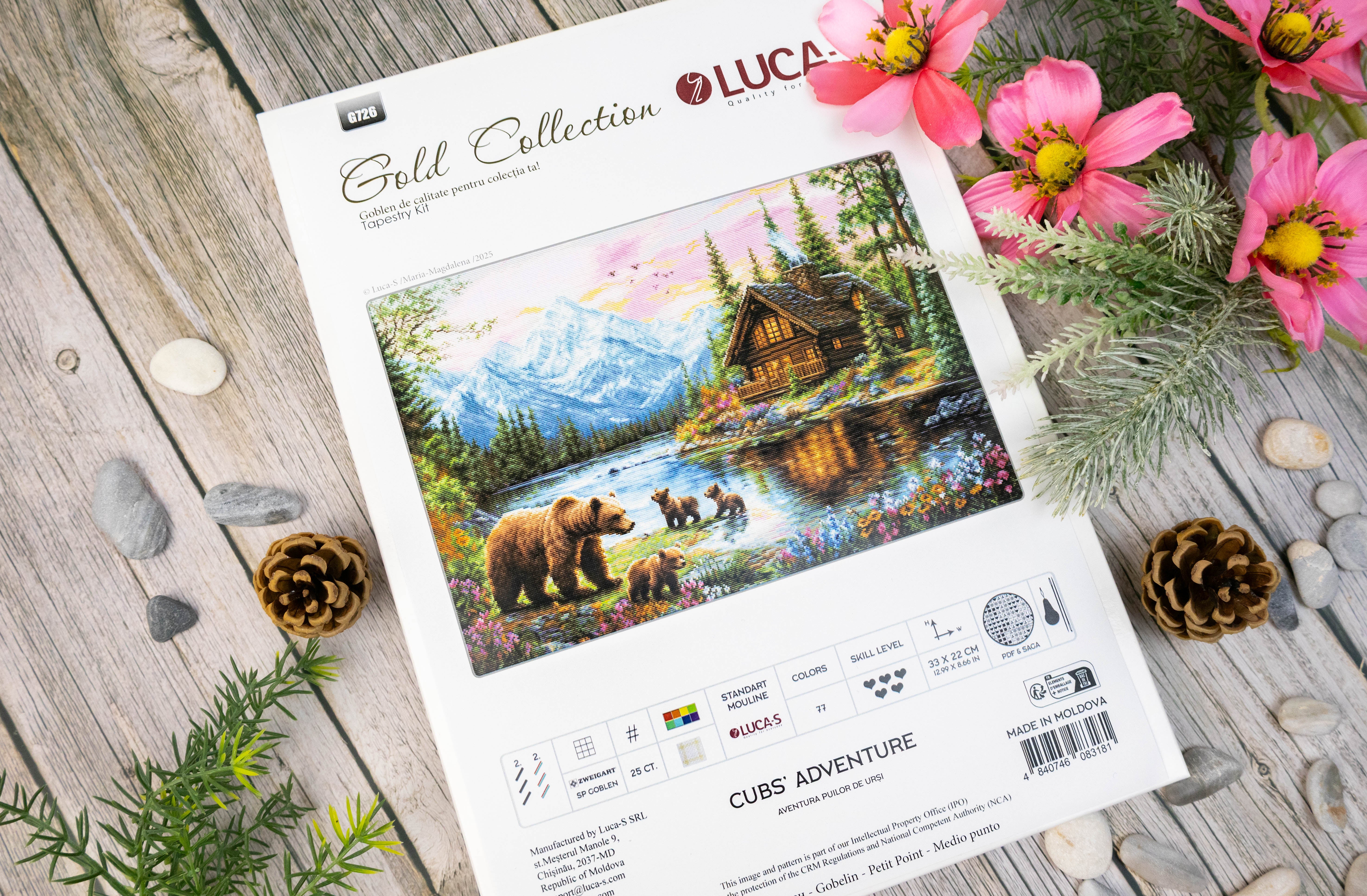 Kit Broderie Luca-S GOLD Aventura Puilor de Urși G726, 33x22 cm, Pânză Zweigart 25ct, 77 Culori, Ață 100% Bumbac