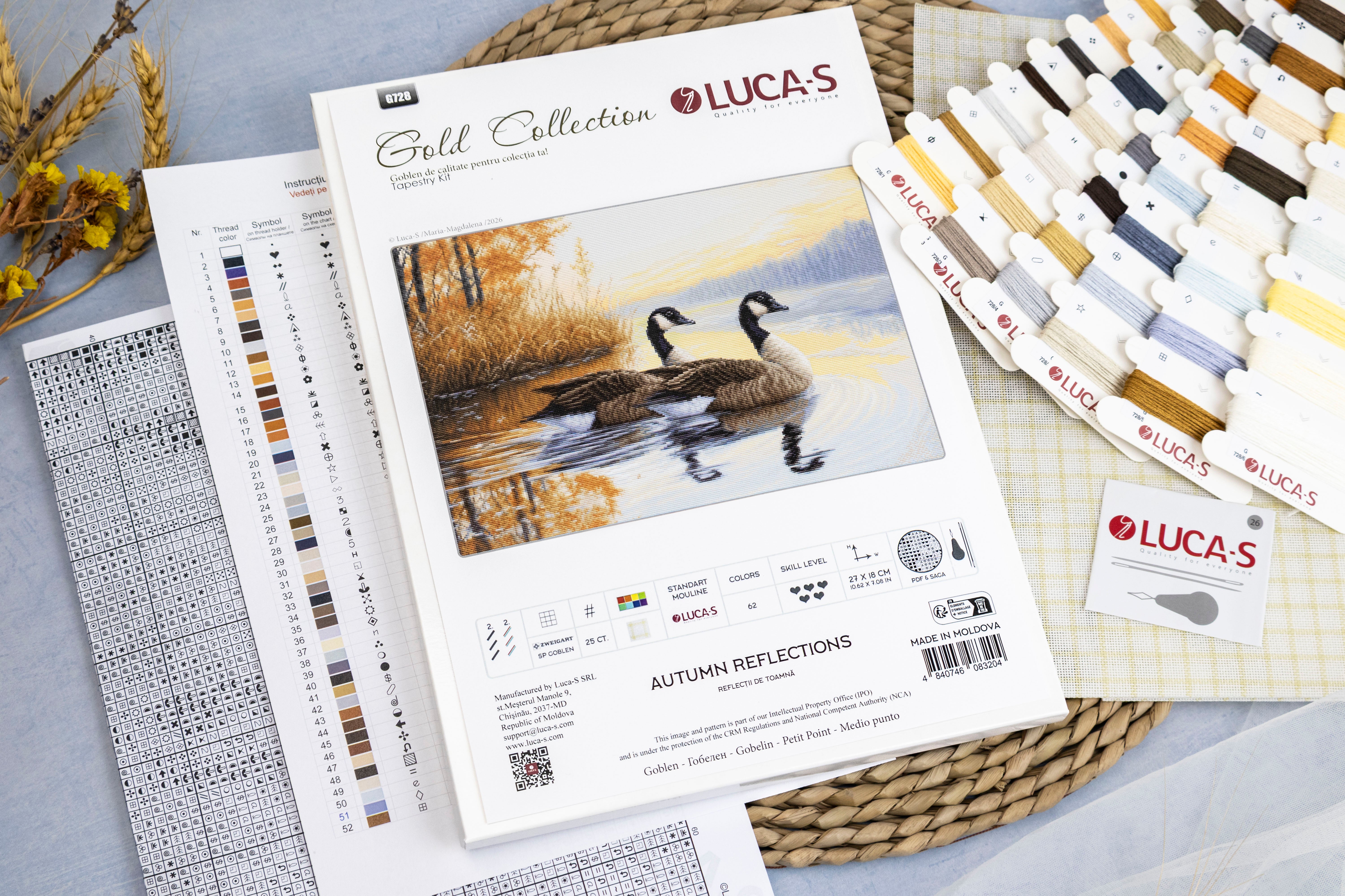 Kit Broderie în Cruce Luca-S G728 Reflecții de Toamnă, Colecția Gold, Material Zweigart 25ct, Ață 100% Bumbac, 27 x 18 cm, 62 Culori