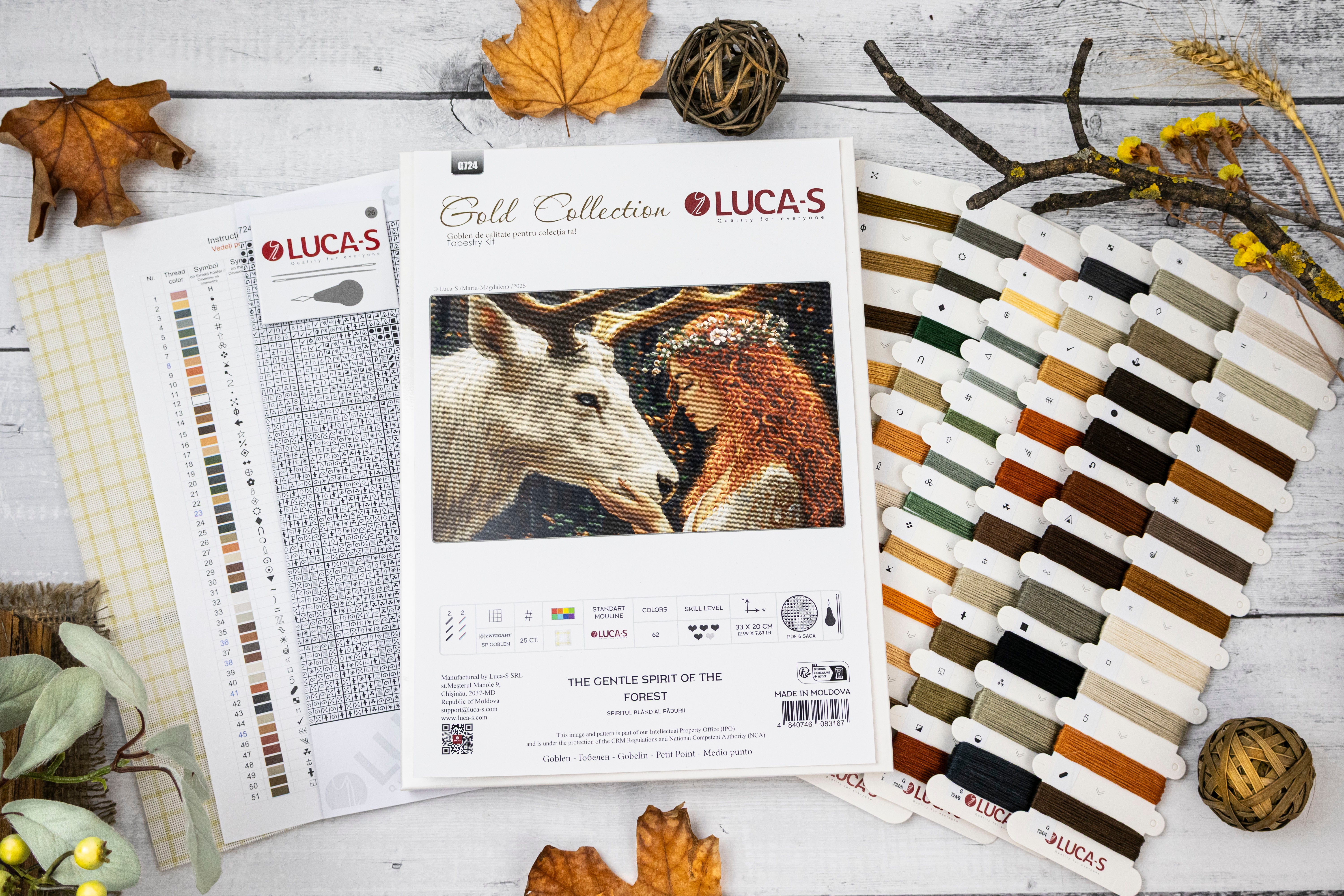 Kit Broderie Luca-S G724 Spiritul Blând al Pădurii, Colecția Gold, 33x20 cm, 62 Culori, Material Zweigart 25 ct, Ață 100% Bumbac