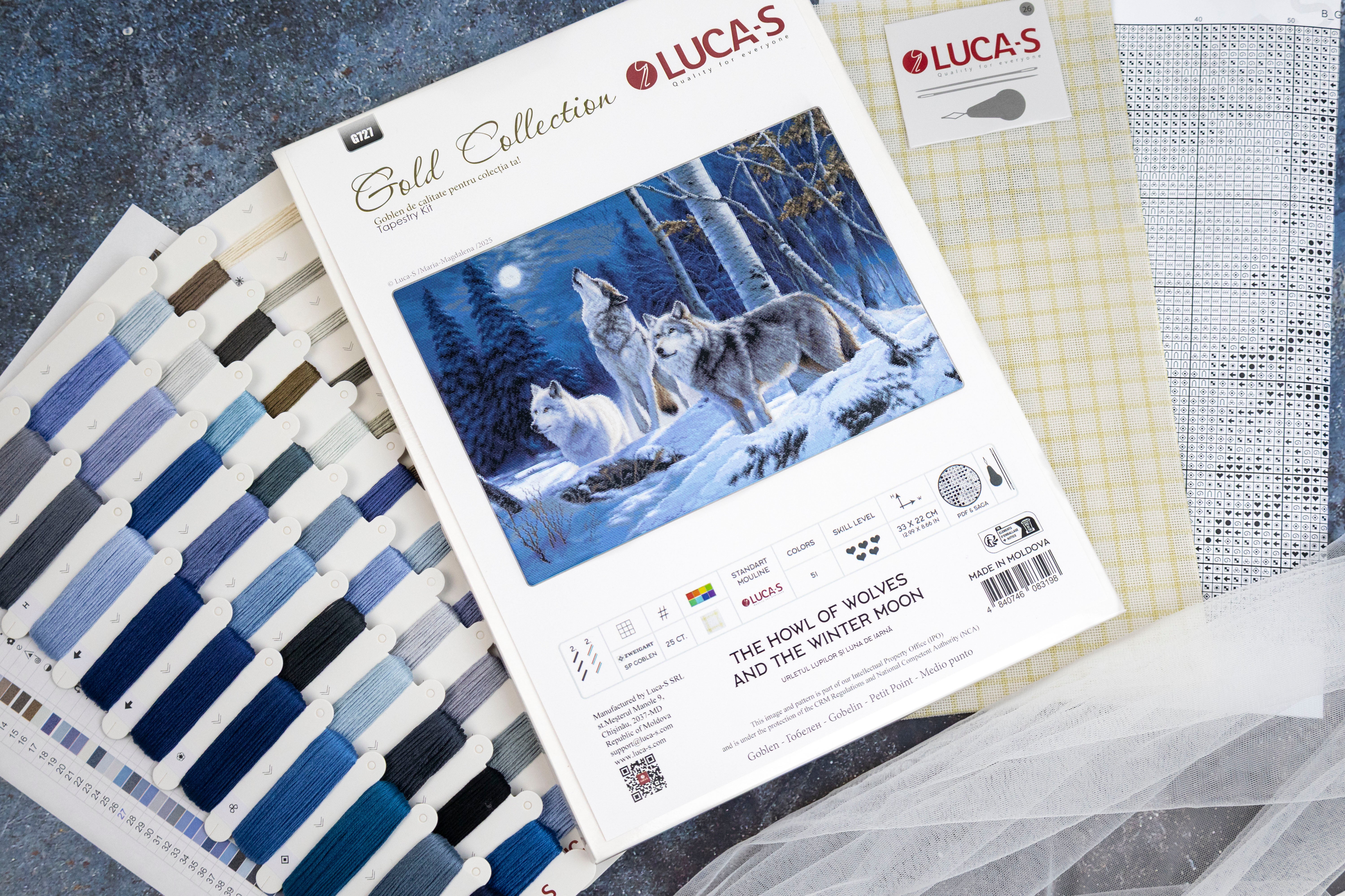 Luca-S G727 Gold Collection Cross Stitch Kit The Howl of Wolves and the Winter Moon, 33x22 cm, 25ct Zweigart Canvas, 51 Colors, 100% Cotton Thread