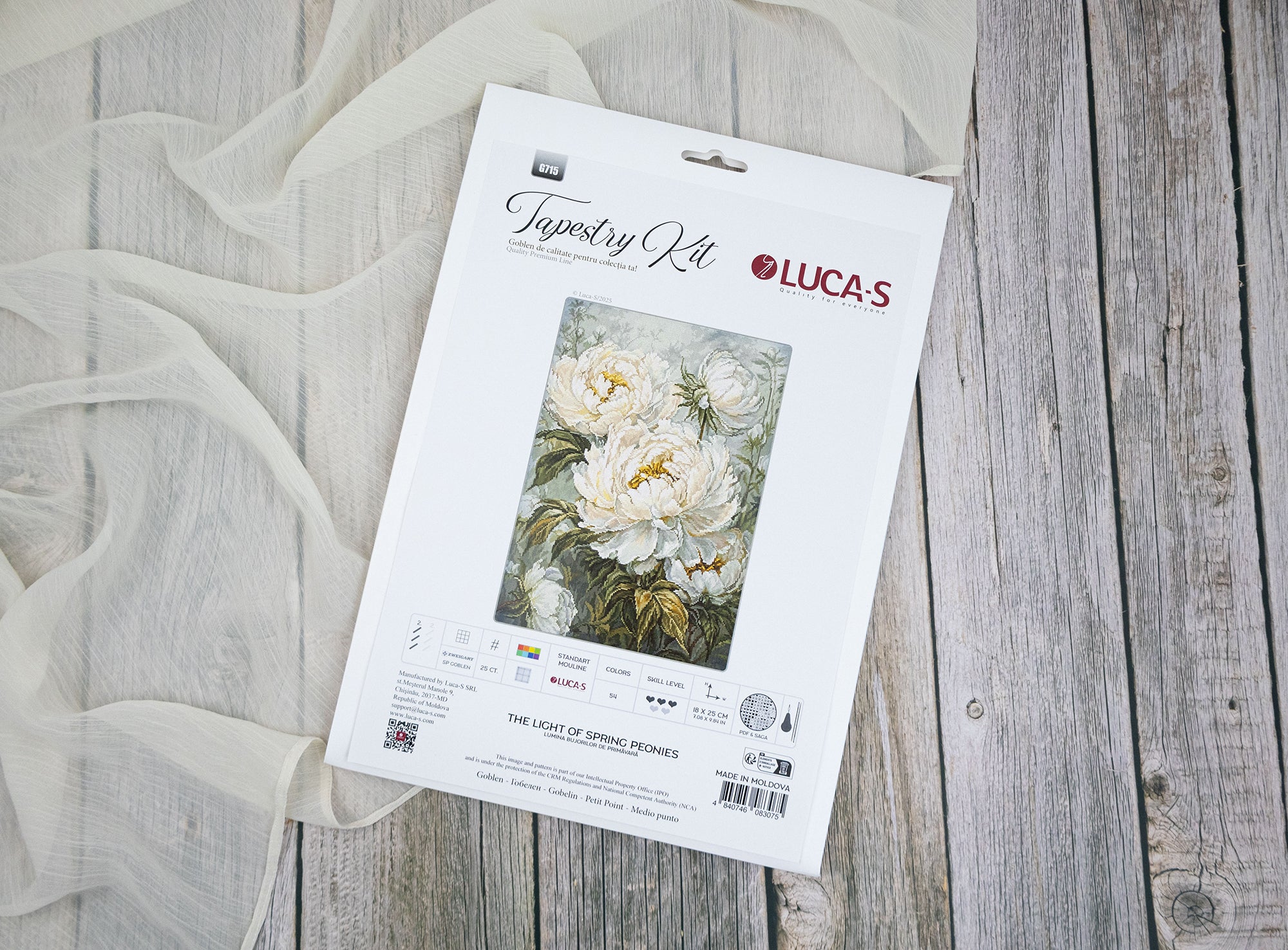 Kit Broderie Luca-S GOLD G715 Lumina Bujorilor de Primăvară, 18x25 cm, Pânză Zweigart 25ct, 54 Culori, Ață 100% Bumbac