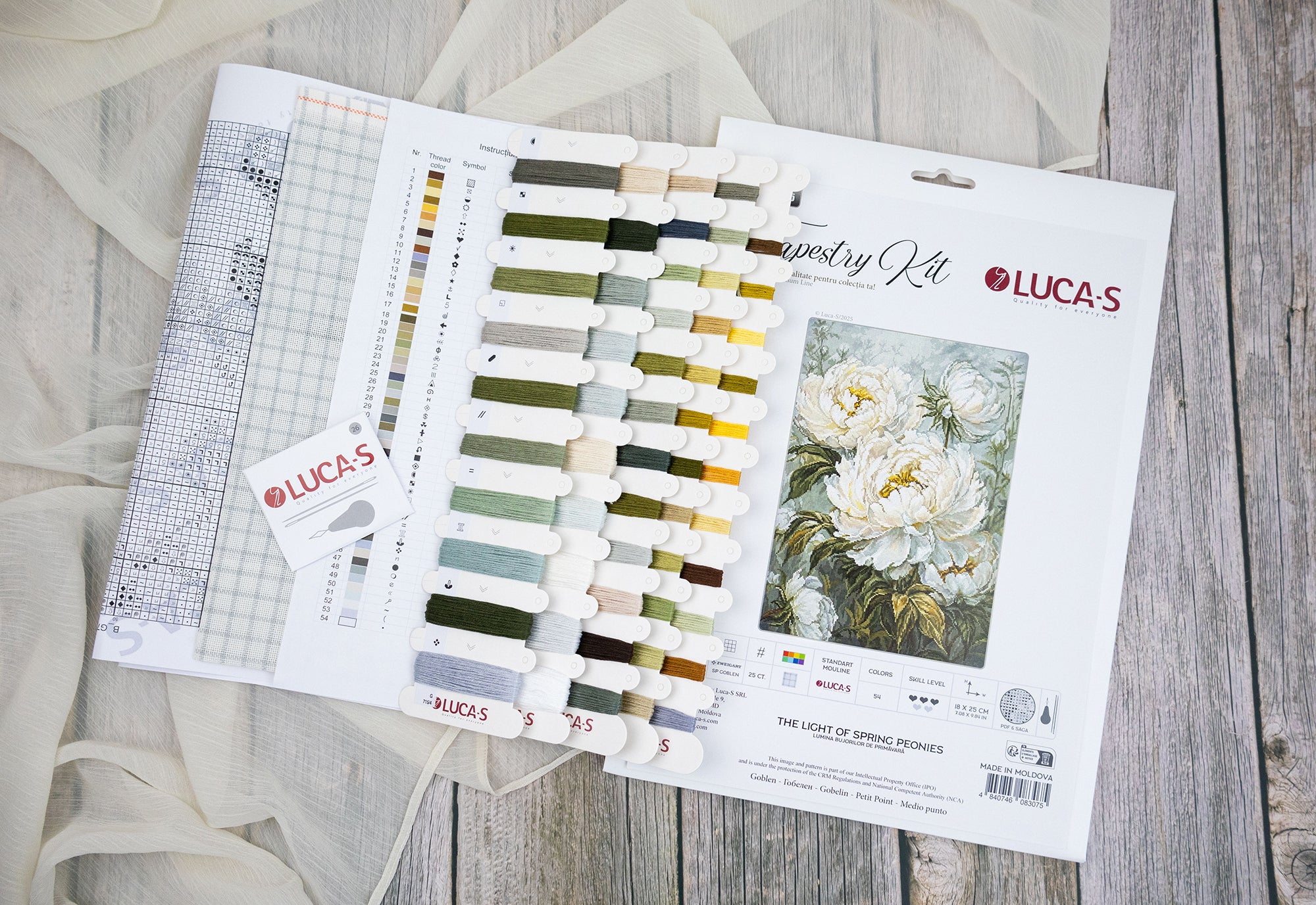 Kit Broderie Luca-S GOLD G715 Lumina Bujorilor de Primăvară, 18x25 cm, Pânză Zweigart 25ct, 54 Culori, Ață 100% Bumbac