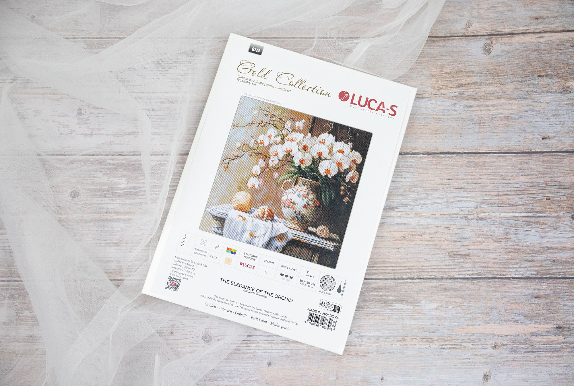 Kit Broderie Luca-S G714 Eleganța Orhideei, Colecția Gold, 20x20 cm, Pânză Zweigart 25ct, 61 Culori, Ață 100% Bumbac