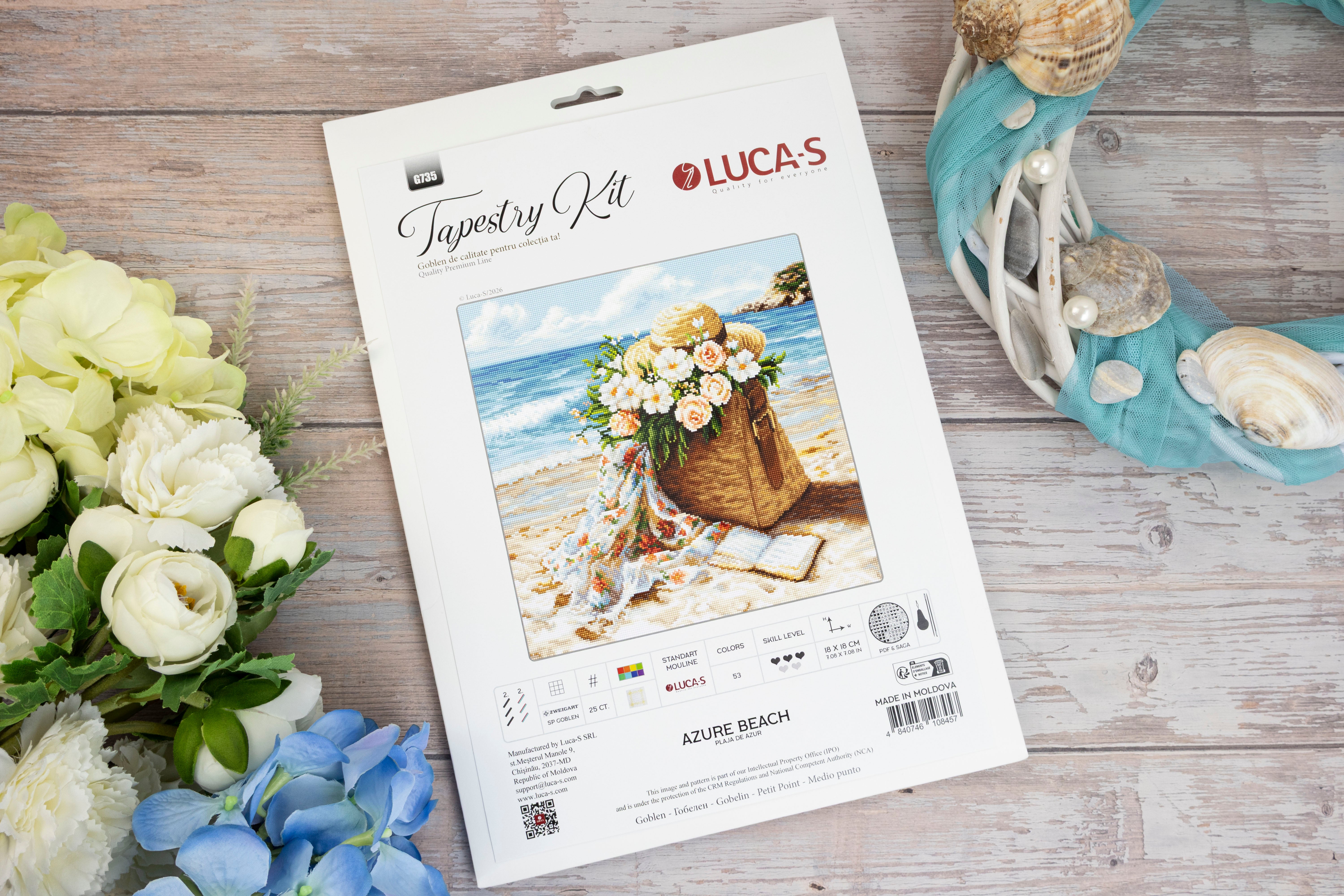 Luca-S G735 Azure Beach Petit Point Gobelin Embroidery Kit, 18x18 cm, 53 Colors, 100% Cotton Thread, Zweigart 25ct Fabric