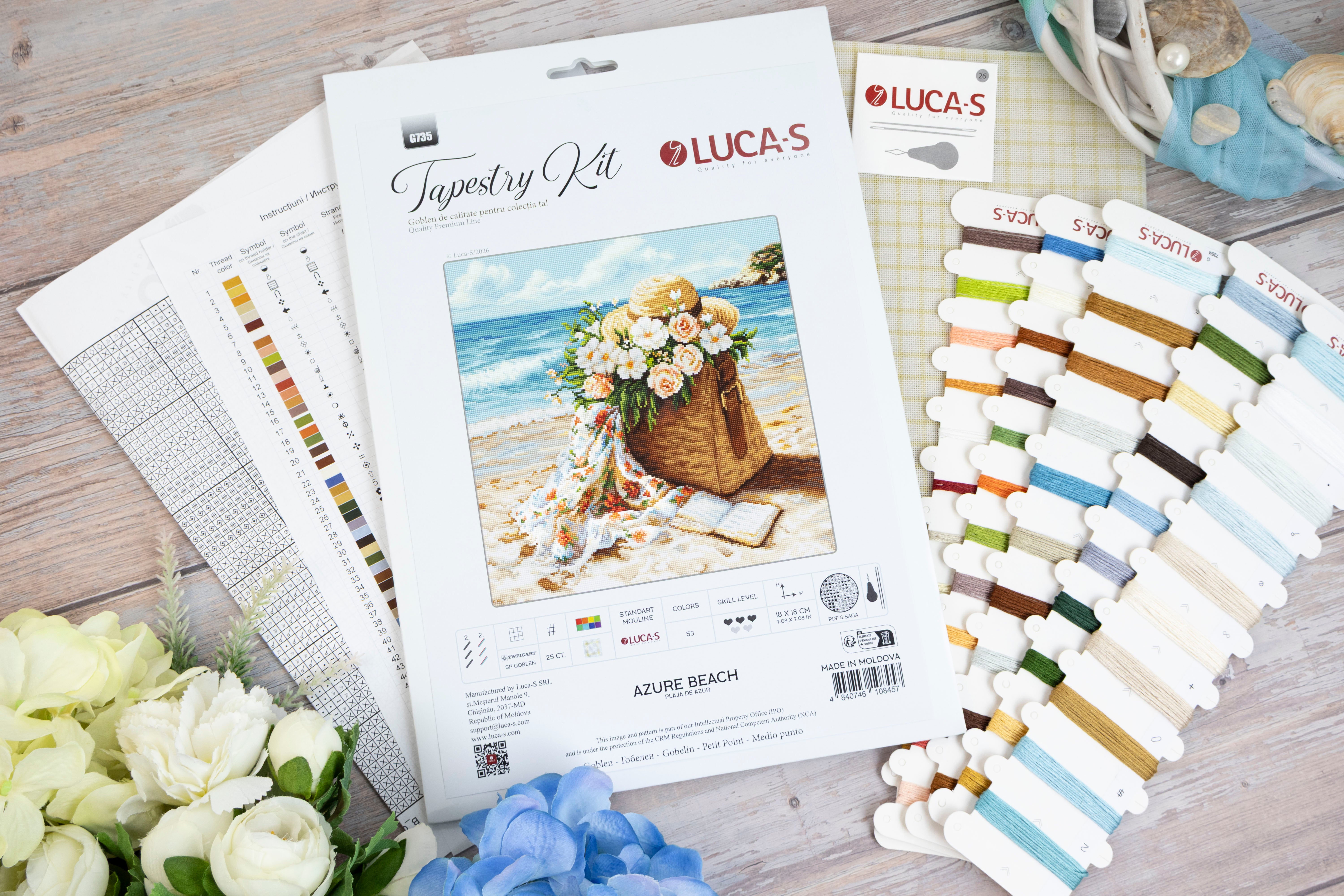 Luca-S G735 Azure Beach Petit Point Gobelin Embroidery Kit, 18x18 cm, 53 Colors, 100% Cotton Thread, Zweigart 25ct Fabric