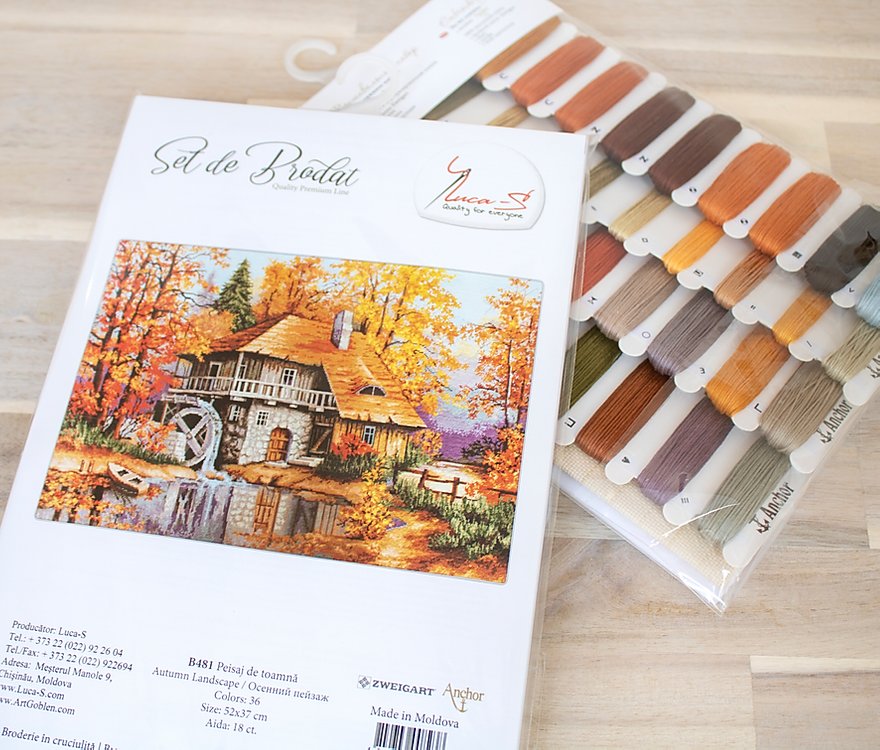 Luca-S B481 Set de brodat în cruciuliță Peisaj de toamnă, Material Aida 18 ct Zweigart, Aste Anchor, 52x37 cm, 36 Culori, Set de 3 piese