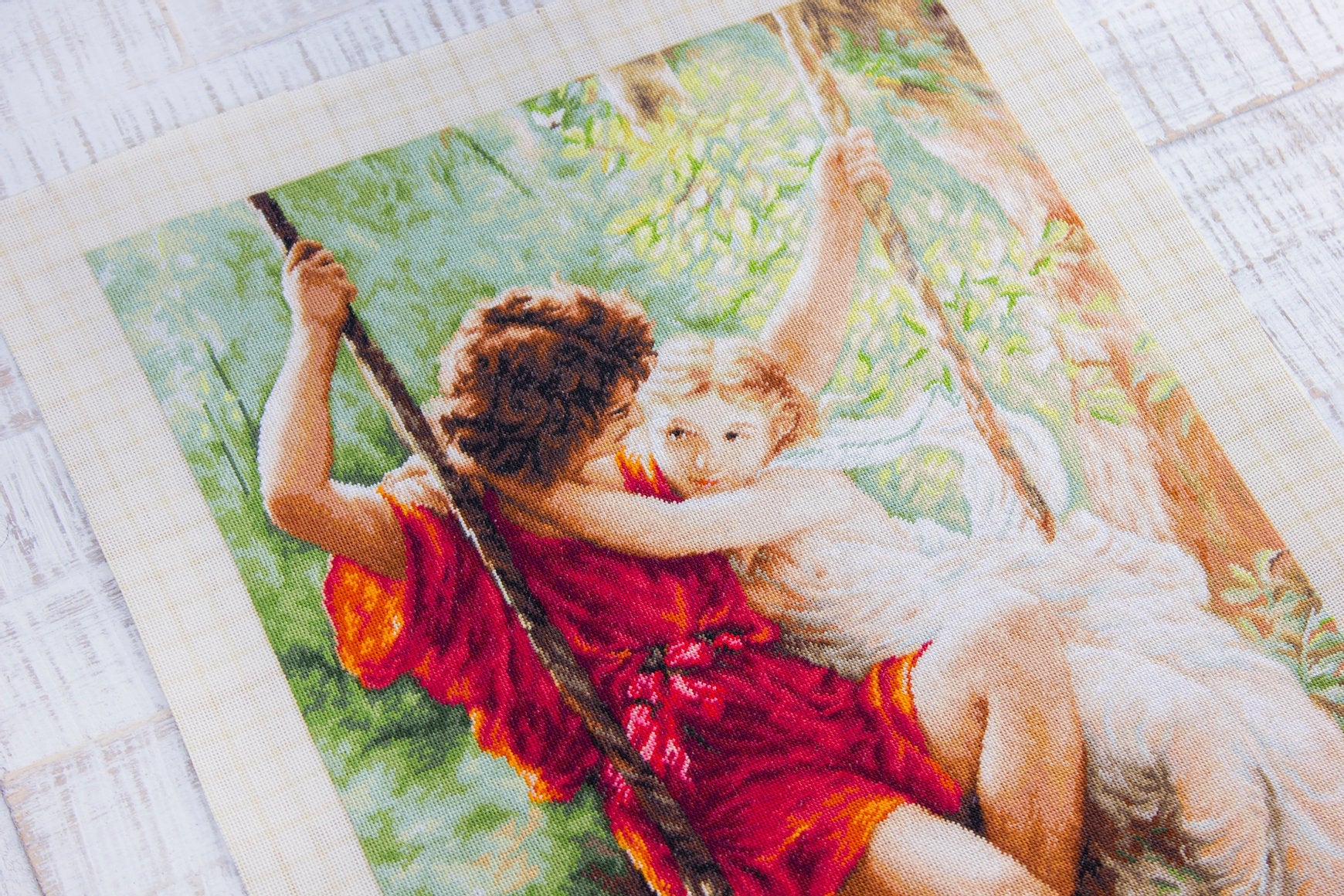 Kit Broderie Luca-S B415 Primăvara Îndrăgostiţilor, Pierre Auguste Cot, 52 Culori, 36.5 x 59.5 cm, Aida 18ct Zweigart Ivory, Aste Anchor
