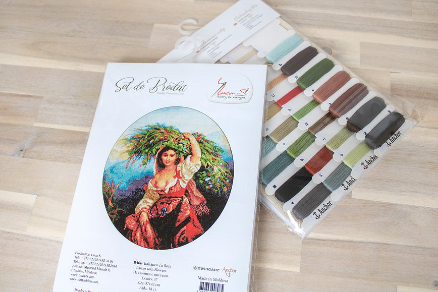 Kit Broderie Luca-S B466 Italianca cu Flori, 37x42 cm, Tela Zweigart Aida 18 ct, Fir Mouline Anchor
