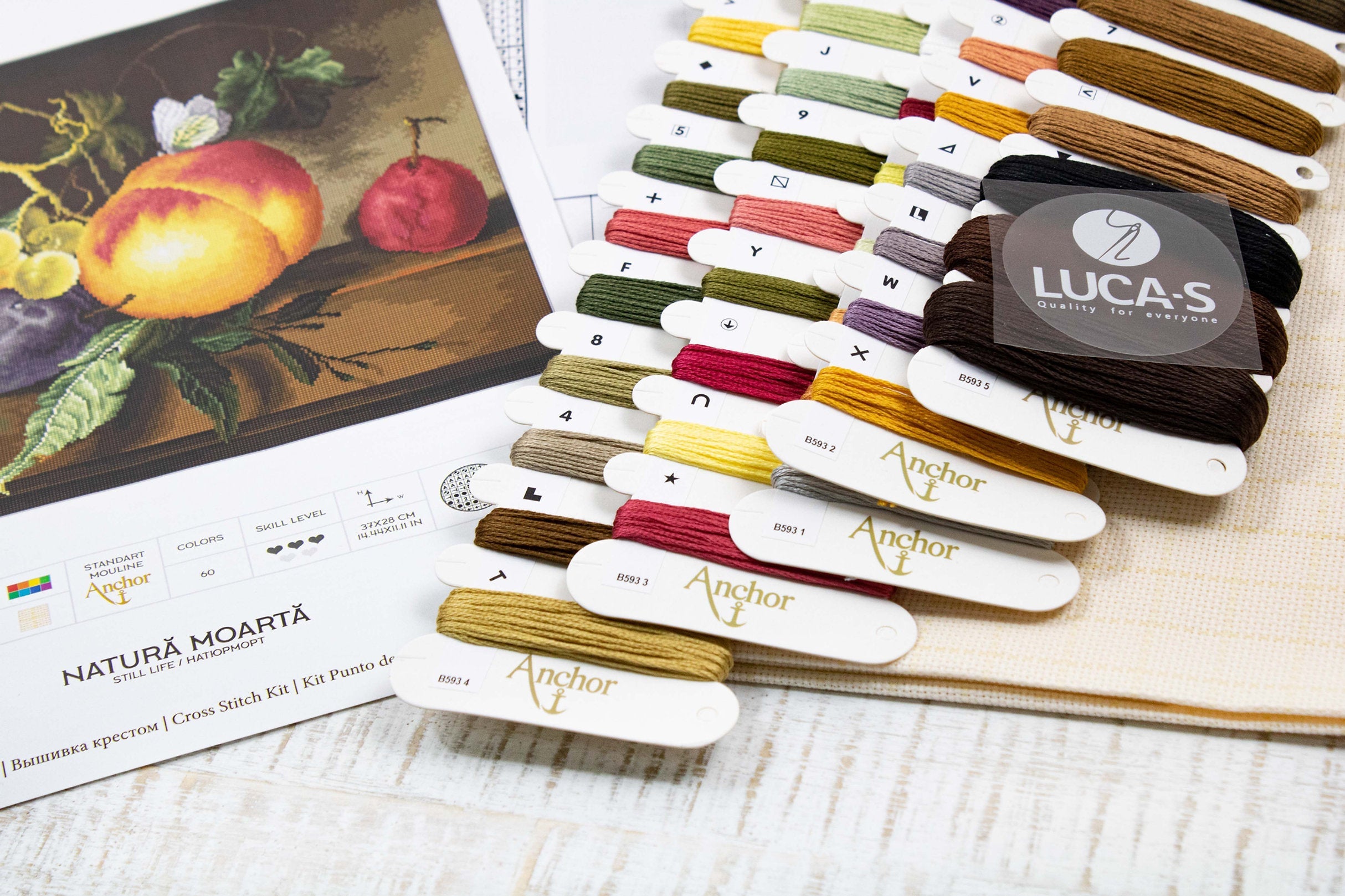 Luca-S B593 Still Life with Peach and Grapes Counted Cross Stitch Kit, Premium Aida 18 Zweigart Fabric, Anchor Cotton Threads, 60 Colors, 37x28 cm