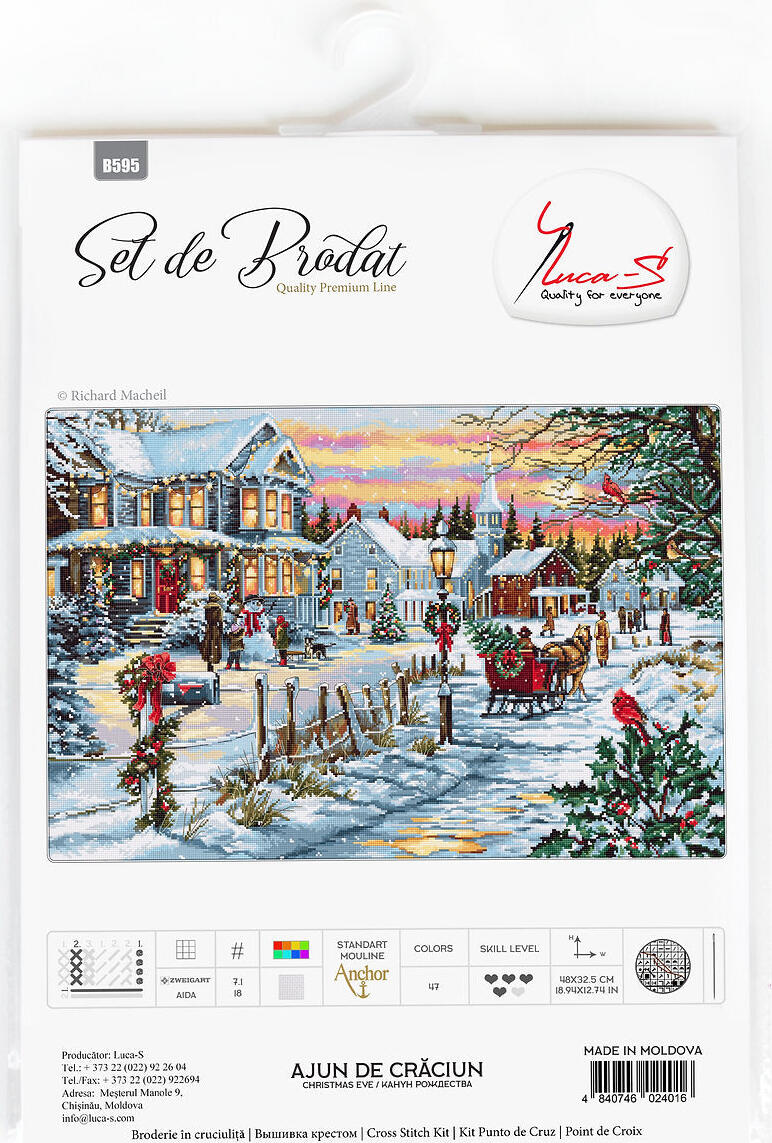 Kit Broderie în Cruciuliță Luca-S B595 Ajun de Crăciun, Richard Macheil, 47 Culori, 48x32.5 cm, Material Aida Zweigart 18ct, Ață Anchor