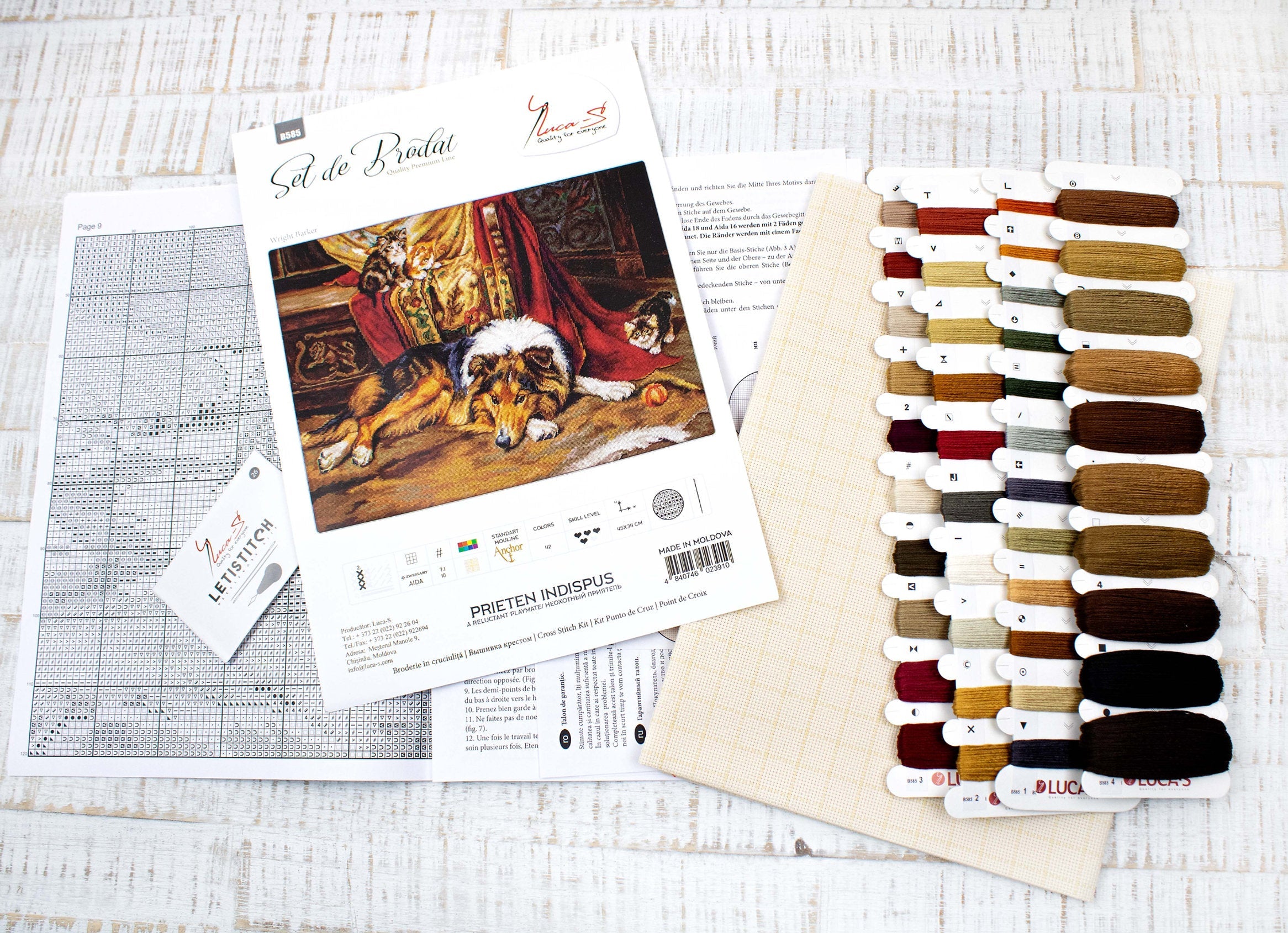 Luca-S A Reluctant Companion Embroidery Kit B585 G585 Dog and Kittens, 42 Colors, Cotton Mouline Thread, Zweigart Canvas Aida 18 ct, Finished Size 45x34 cm, Cross Stitch