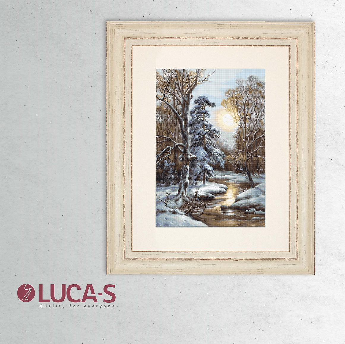 Kit Broderie Luca-S B596 Dezgheţ, Pânză Zweigart Aida 18 ct, Ață Anchor Mouline, 41 Culori, 32.5 x 46 cm, Peisaj Forestă de Iarnă Satarov