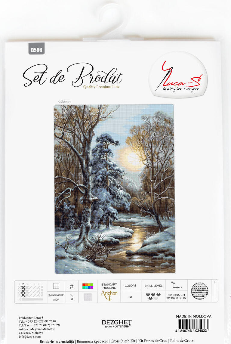 Kit Broderie Luca-S B596 Dezgheţ, Pânză Zweigart Aida 18 ct, Ață Anchor Mouline, 41 Culori, 32.5 x 46 cm, Peisaj Forestă de Iarnă Satarov