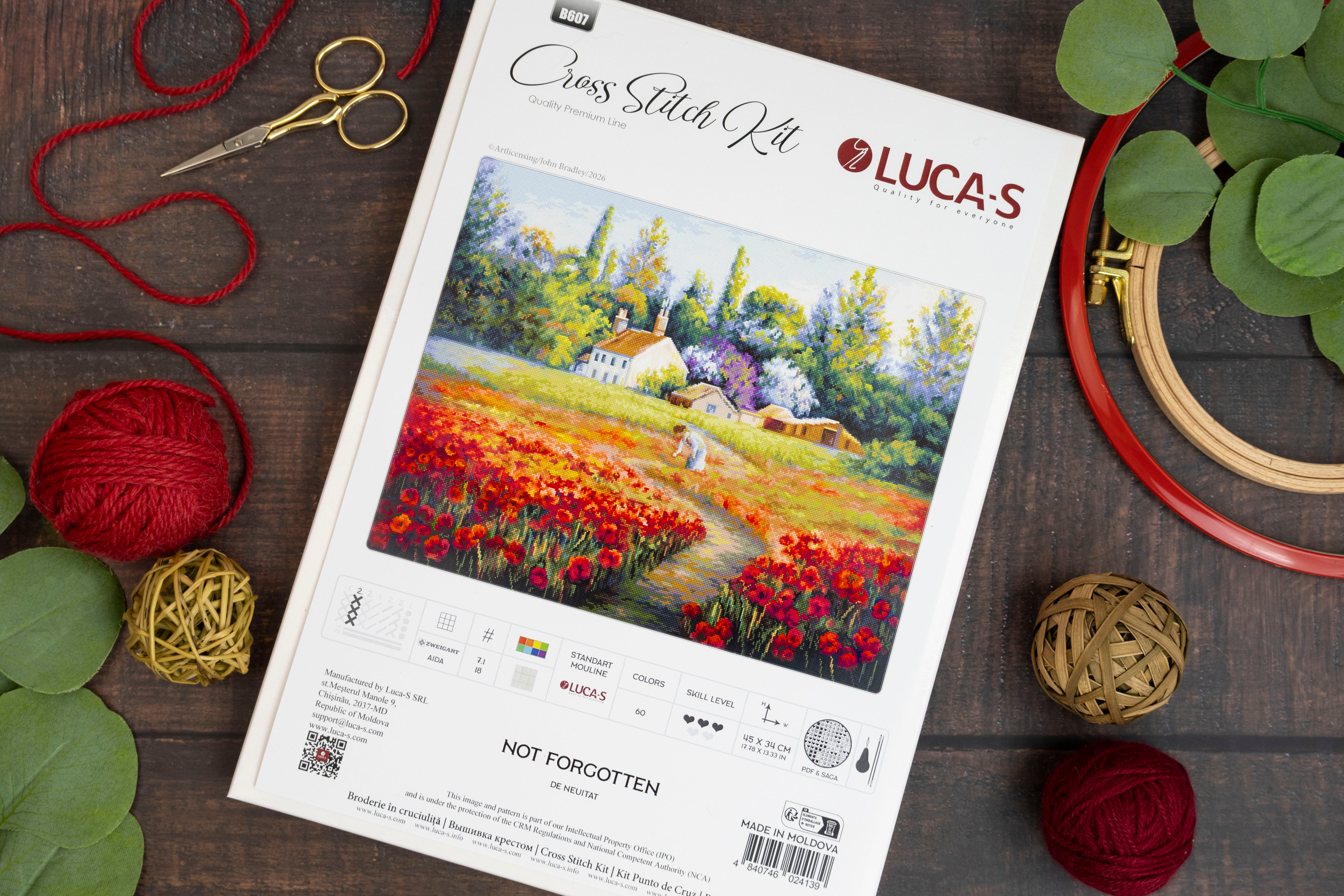 Kit Broderie Luca-S B607 De neuitat, Gold Premium Line, Material Zweigart Aida 18, 45 x 34 cm, 60 Culori, Fir de Bumbac 100% Mouline