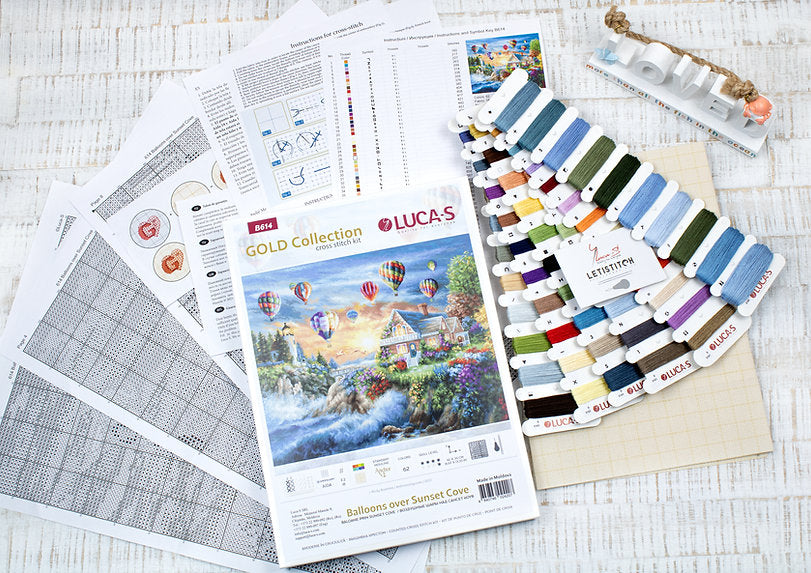 Luca-S B614 Balloons over Sunset Cove Cross Stitch Kit, Gold Collection, Zweigart Aida 18 ct Fabric, Anchor Mouline Threads, 42 x 34 cm, 62 Colors