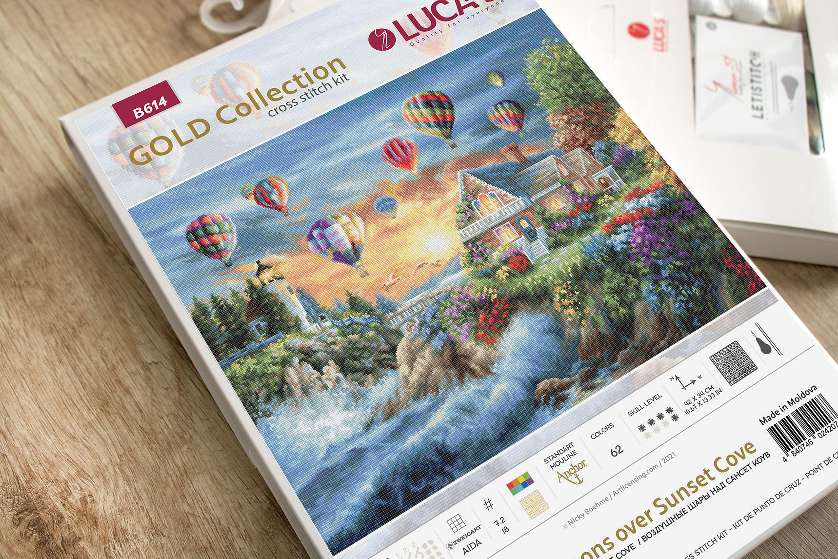 Luca-S B614 Balloons over Sunset Cove Cross Stitch Kit, Gold Collection, Zweigart Aida 18 ct Fabric, Anchor Mouline Threads, 42 x 34 cm, 62 Colors