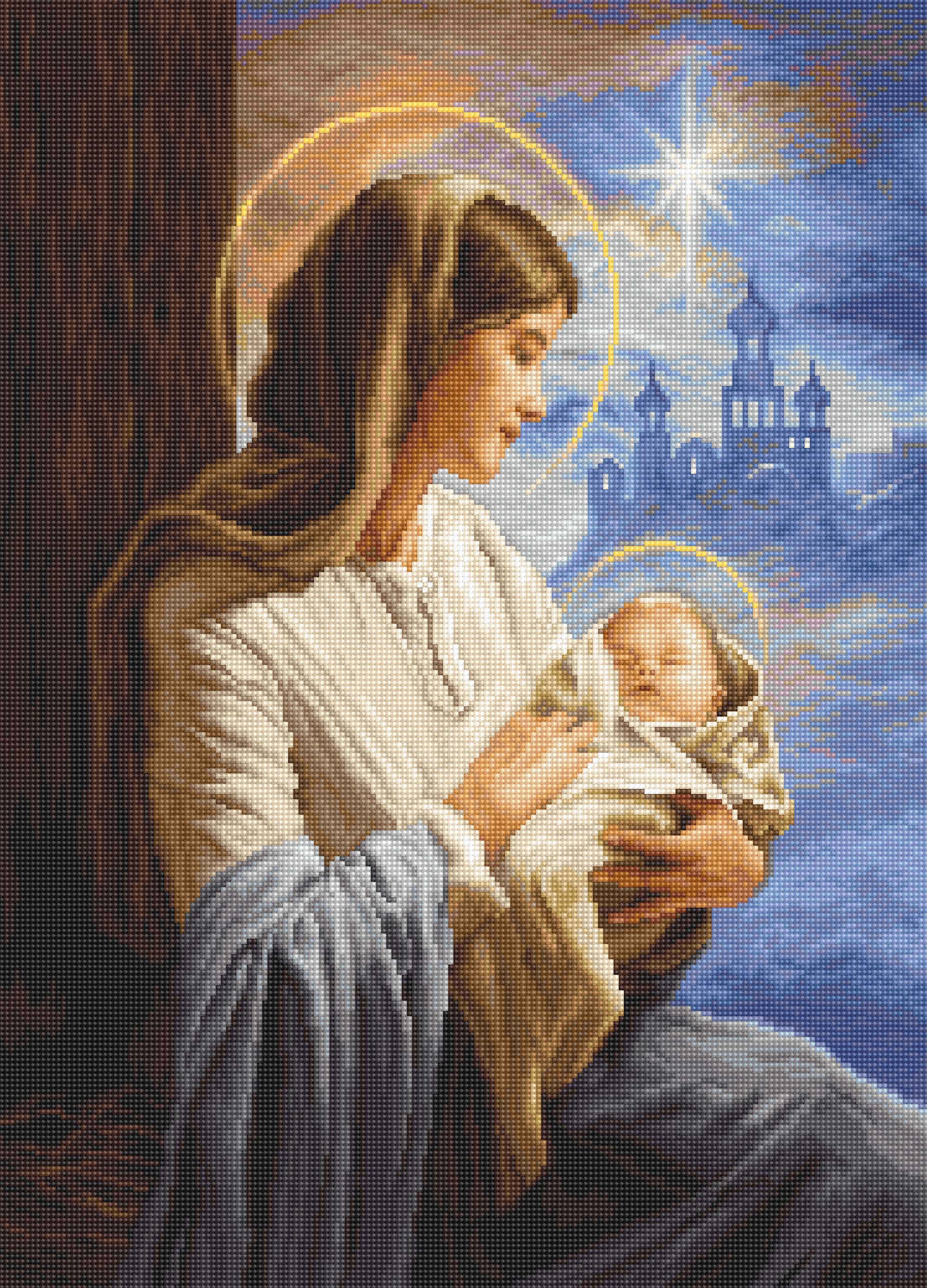 Dimensiunea broderiei: 11.25 x 15.63 in or 29 x 40 cm Numărul de cruciulițe: 180 x 250 Culori: 64 Ață: Anchor 100% bumbac Pânză: Zweigart Aida16 (3464) 43 x 54 cm Ace de brodat №26 - 2 ace, 1 înfilator ( plic ) Schema este efectuată în simboluri: alb/ negru - 10 coale A3 Nivel de dificultate: 5/8 Artist: Alan Lathwell Set de brotat în cruciuliță Luca-S Set de brodat în cruciuliță GOLD - B617 Fecioara Maria cu Pruncul
