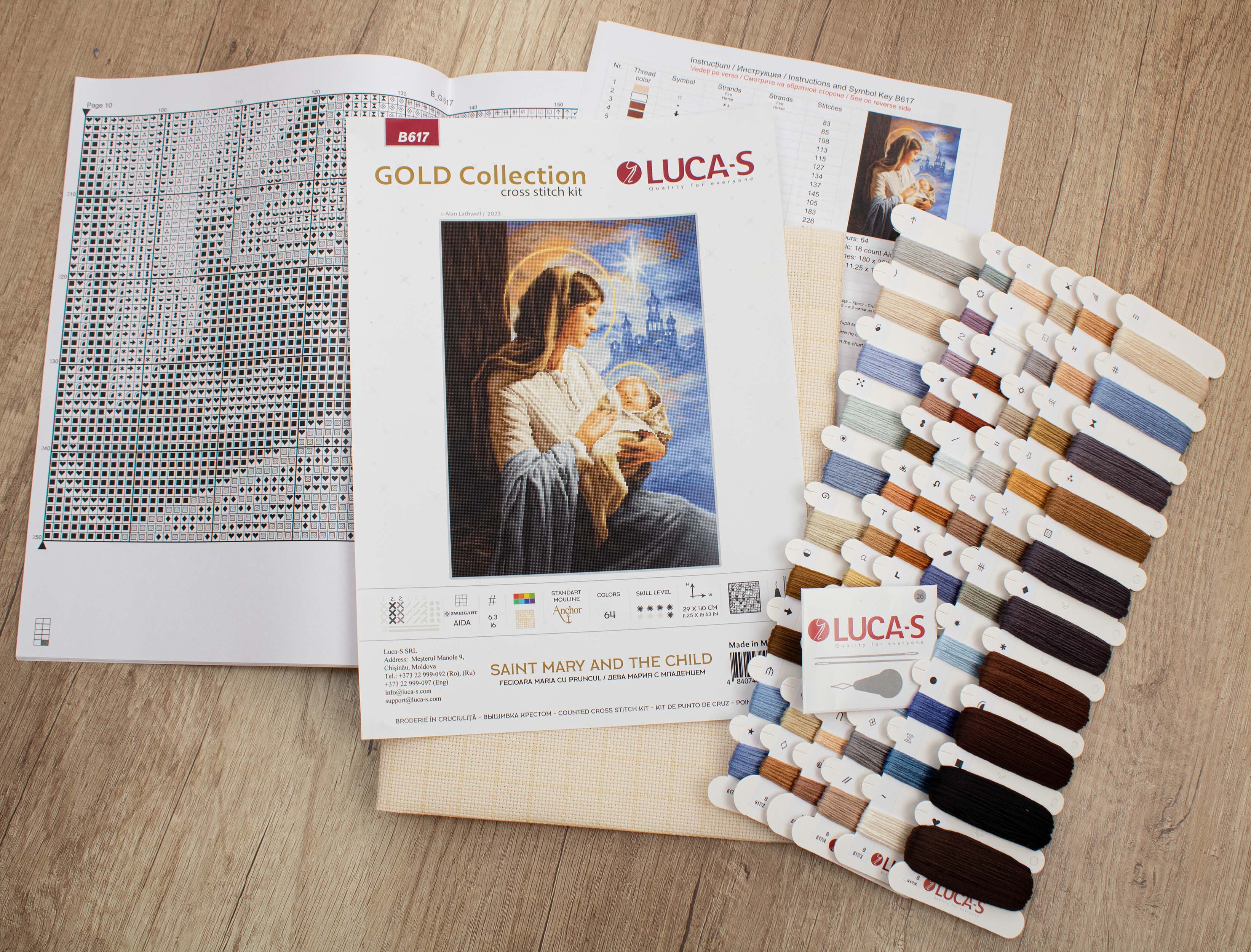 Luca-S B617 Saint Mary and the Child Cross Stitch Kit, GOLD Collection, 29x40 cm, Zweigart Aida 16 Fabric, Anchor Cotton Threads, 64 Colors