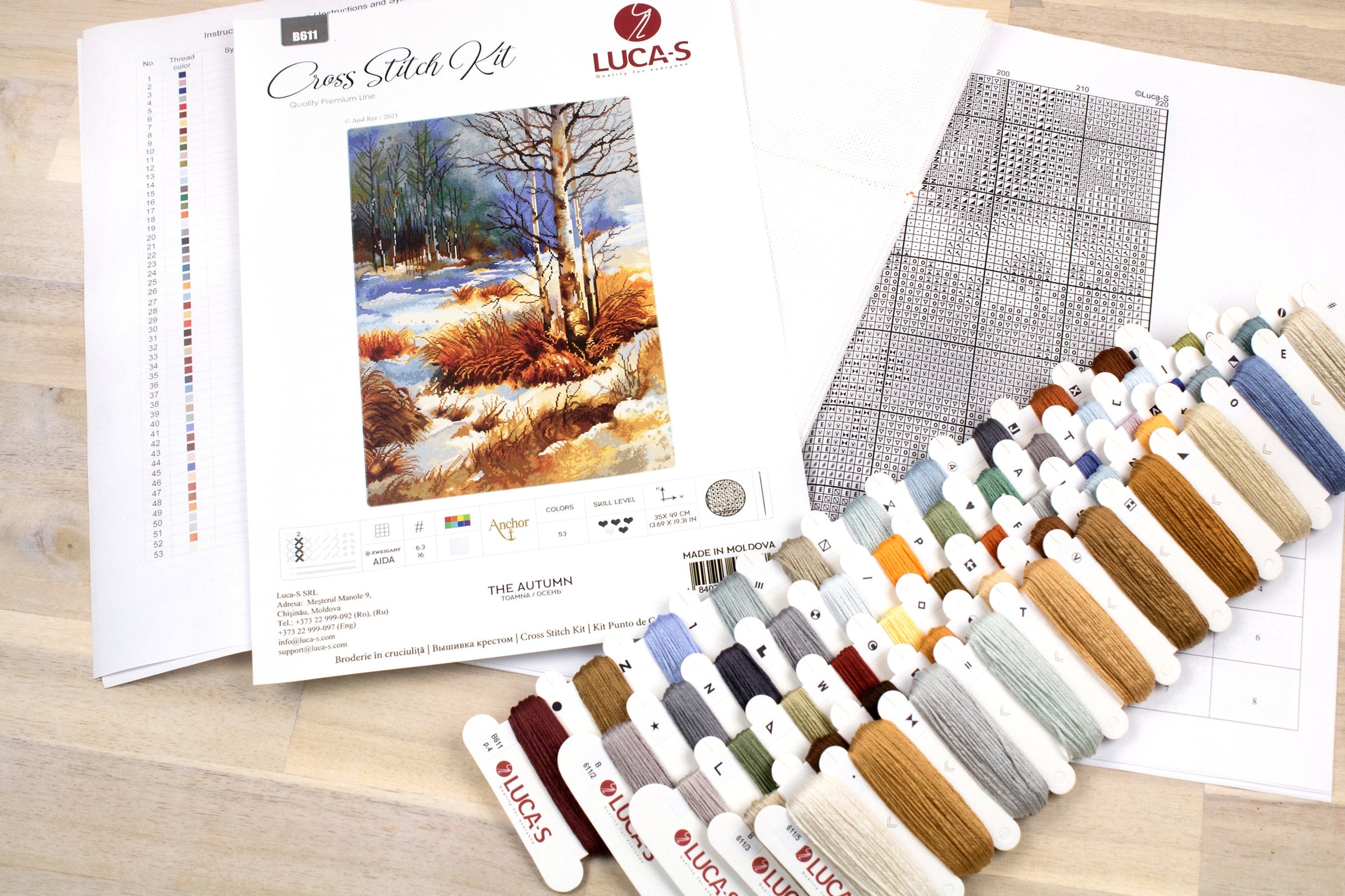 Kit Broderie Luca-S B611 Toamna, Seria Aquarelle, Material Zweigart Aida 16ct Alb, Aste Anchor, 53 Culori, 35 x 49 cm