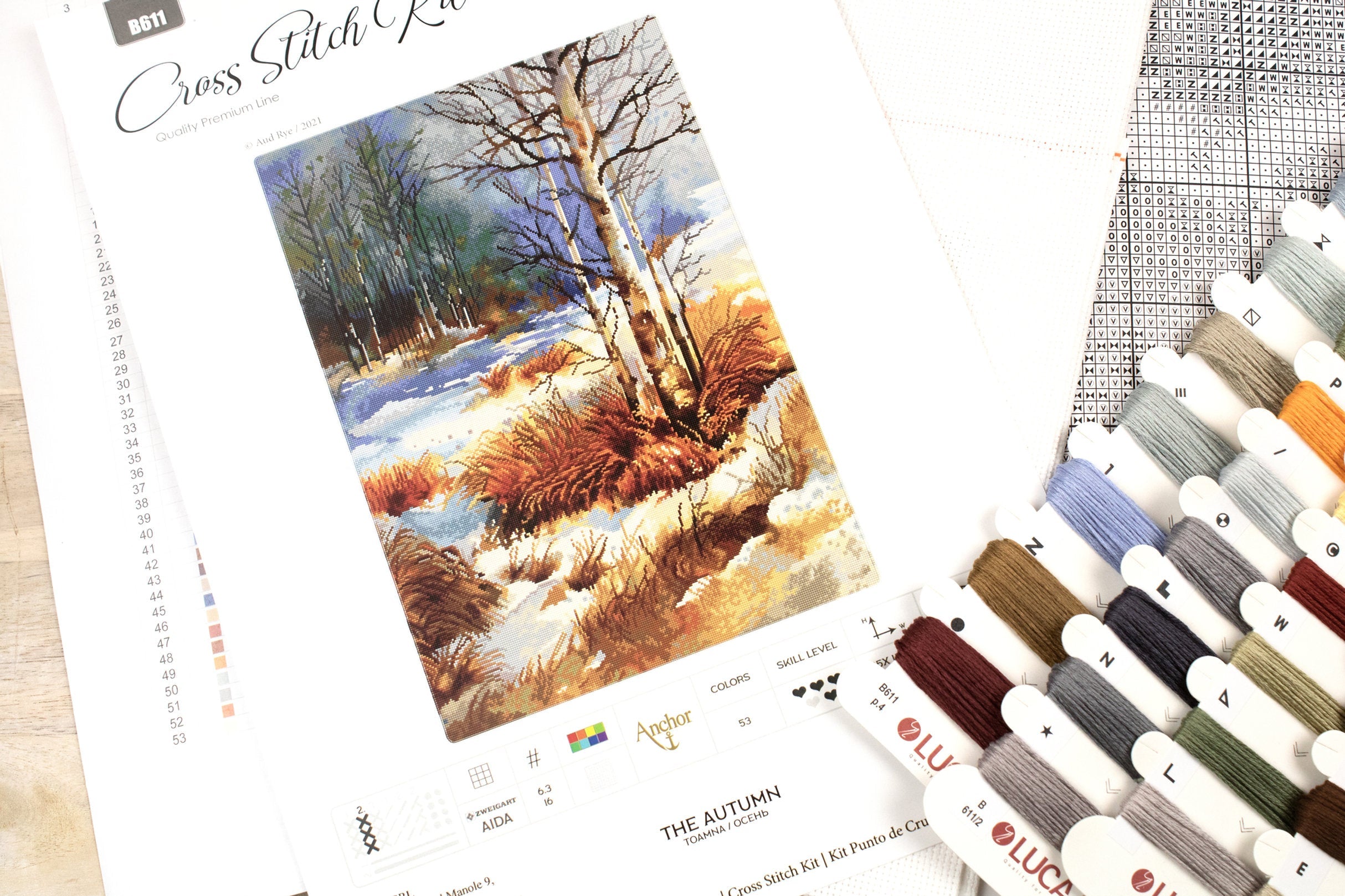 Kit Broderie Luca-S B611 Toamna, Seria Aquarelle, Material Zweigart Aida 16ct Alb, Aste Anchor, 53 Culori, 35 x 49 cm