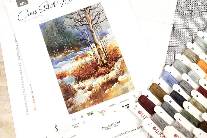 Kit Broderie Luca-S B611 Toamna, Seria Aquarelle, Material Zweigart Aida 16ct Alb, Aste Anchor, 53 Culori, 35 x 49 cm