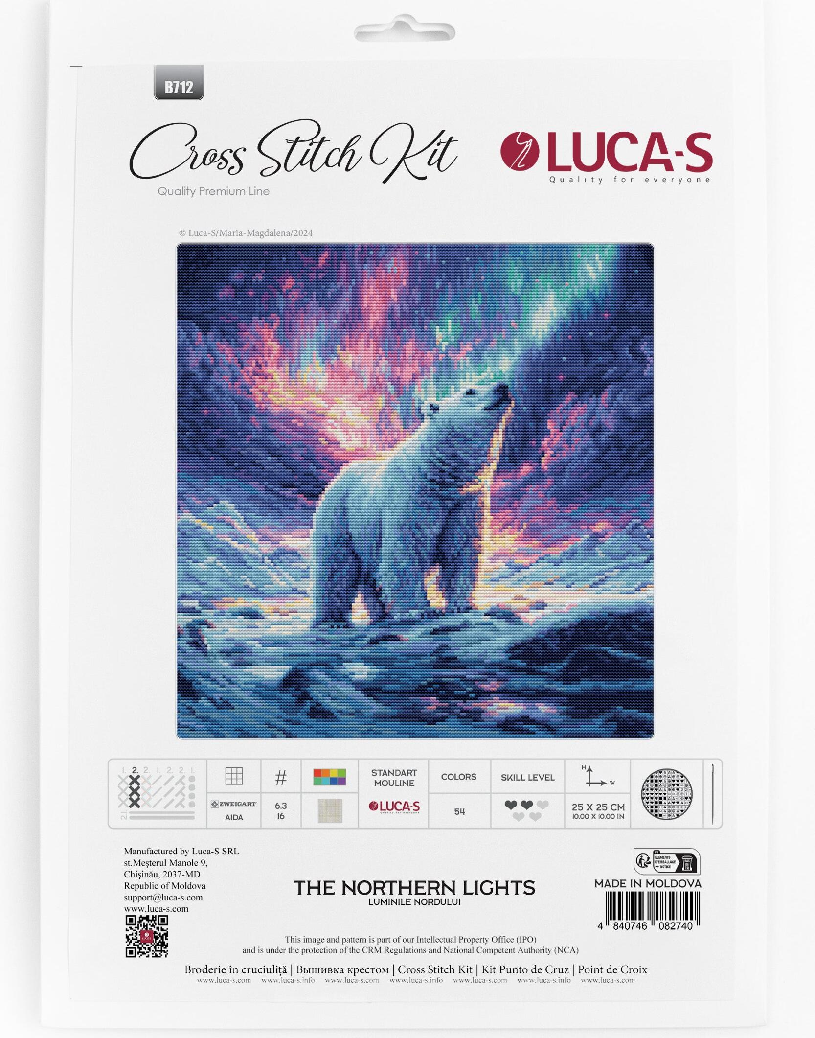 Kit Broderie Luca-S B712 Luminile Nordului, 54 Culori, Material Zweigart Aida 16ct, Dimensiuni Finite 25 x 25 cm, Include 2 Ace