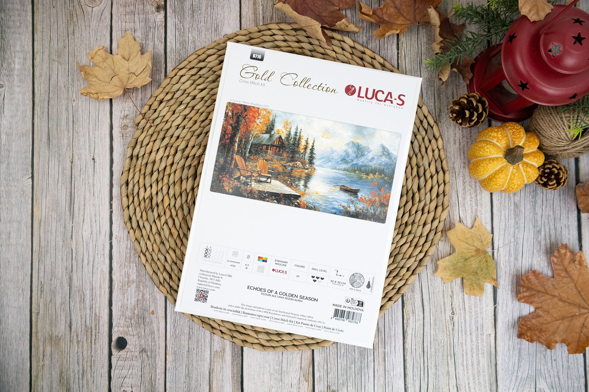Luca-S GOLD B716 Echoes of a Golden Season Cross Stitch Kit, Zweigart Aida 16ct Canvas, 70x35 cm, 67 Colors, 100% Cotton Thread