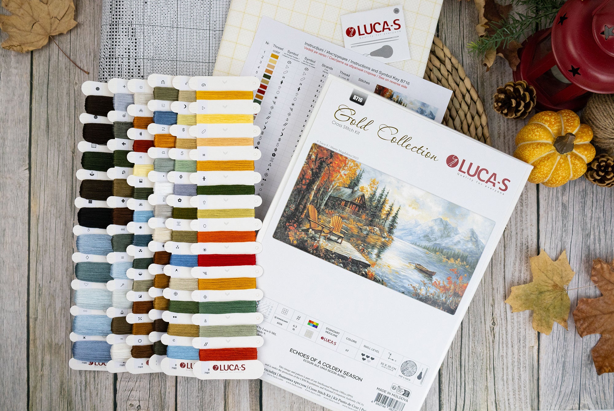 Luca-S GOLD B716 Echoes of a Golden Season Cross Stitch Kit, Zweigart Aida 16ct Canvas, 70x35 cm, 67 Colors, 100% Cotton Thread