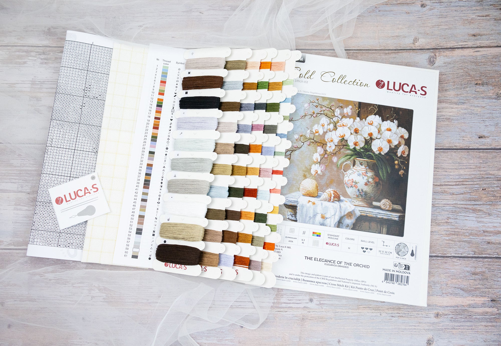 Kit Broderie Luca-S B714 Eleganța Orhideei, Colecția Gold, 32x32 cm, Pânză Zweigart Aida 16 ct, 61 Culori, Ață de Bumbac