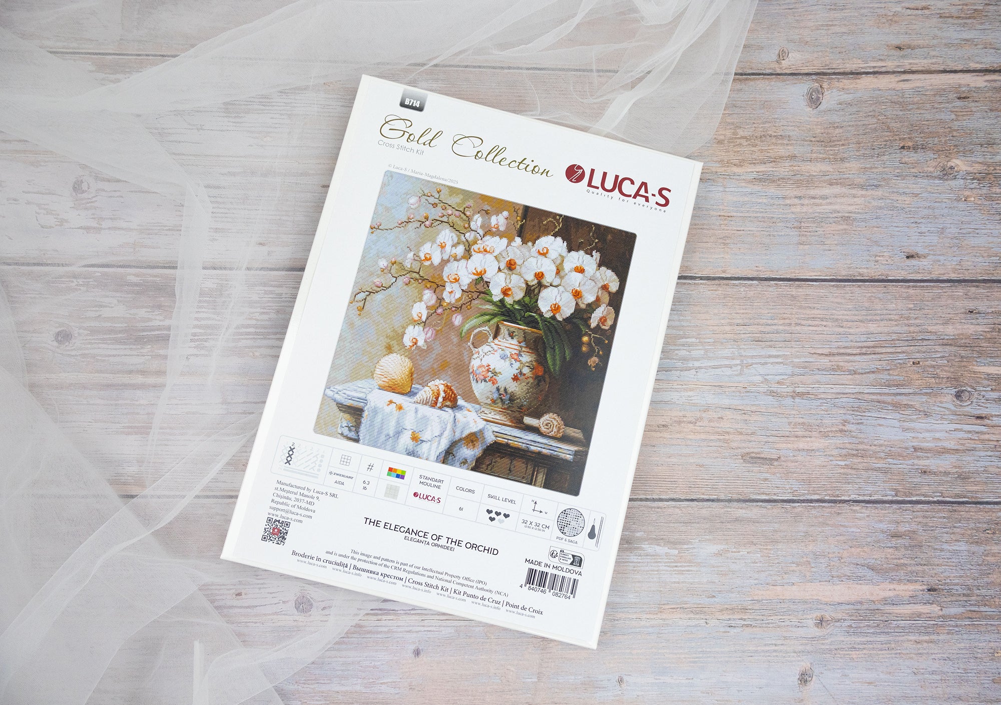 Kit Broderie Luca-S B714 Eleganța Orhideei, Colecția Gold, 32x32 cm, Pânză Zweigart Aida 16 ct, 61 Culori, Ață de Bumbac