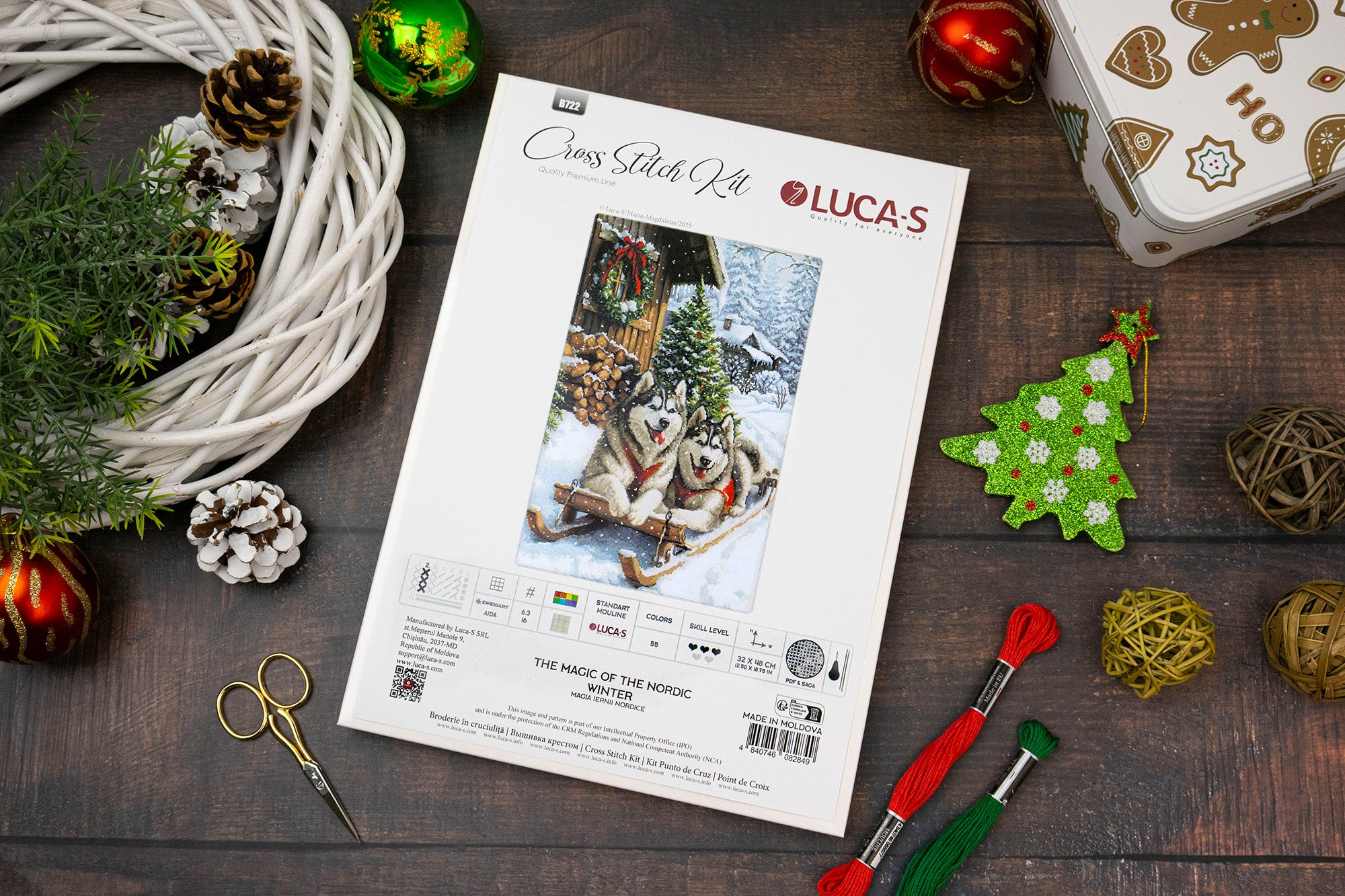 Kit Broderie Luca-S B722 Magia Iernii Nordice, 32x48 cm, Material Zweigart Aida 16ct, 55 Culori, Fir 100% Bumbac