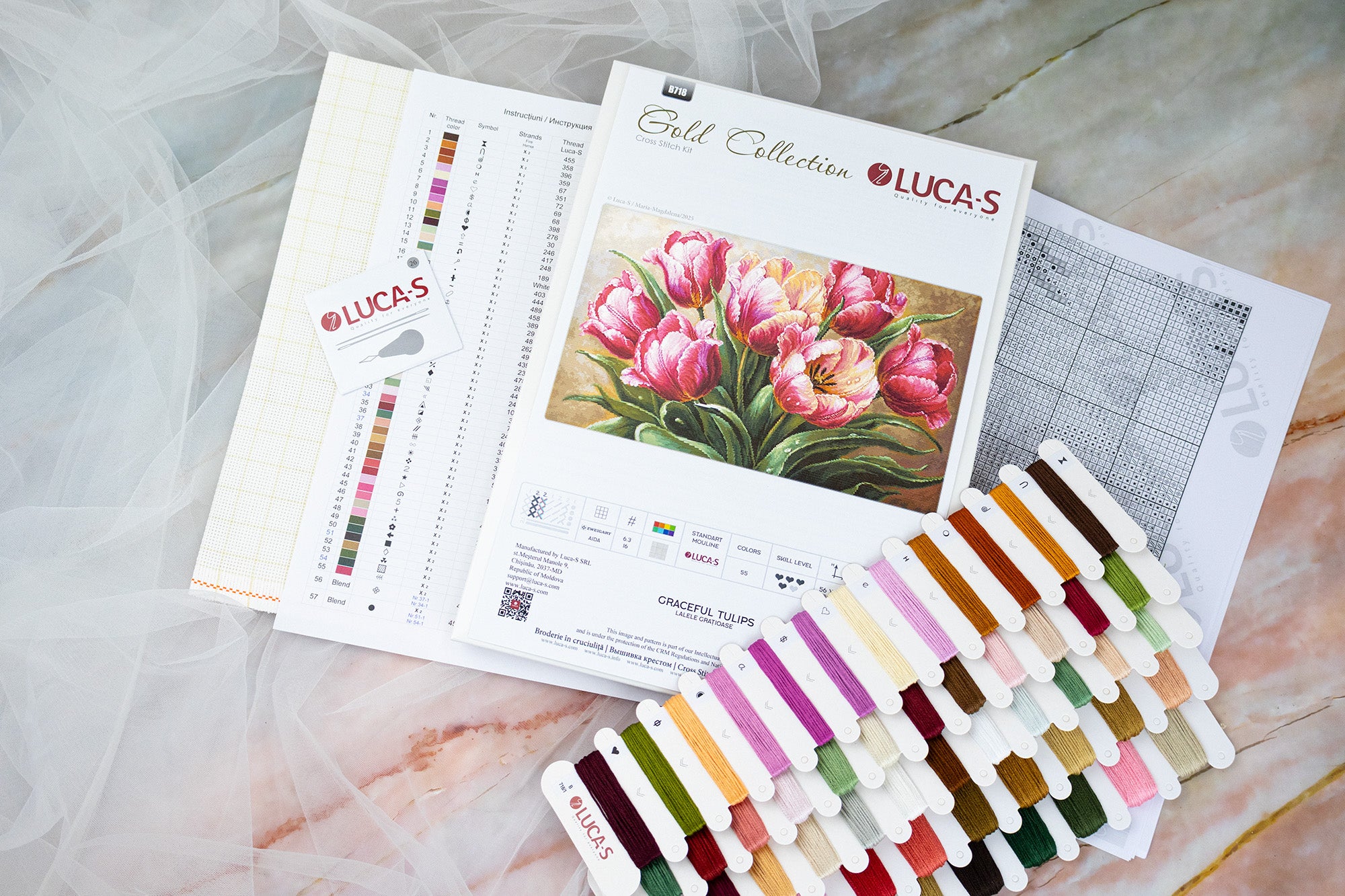Набор для вышивания Luca-S B718 Graceful Tulips (Грациозные тюльпаны), коллекция GOLD, 56 x 32 см, ткань Zweigart Aida 16 ct, 55 цветов