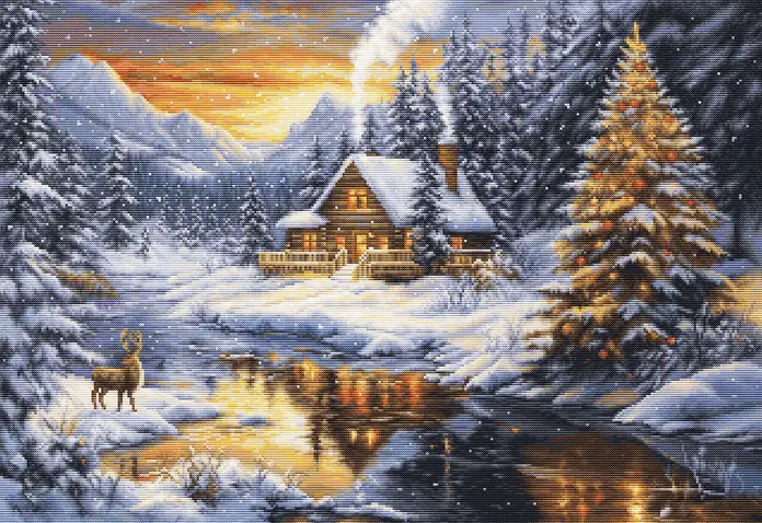Luca-S GOLD B721 Winter Evening in the Mountains Cross Stitch Kit, Zweigart Aida 16ct Fabric, 51x35 cm, 59 Colors, 100% Cotton Threads