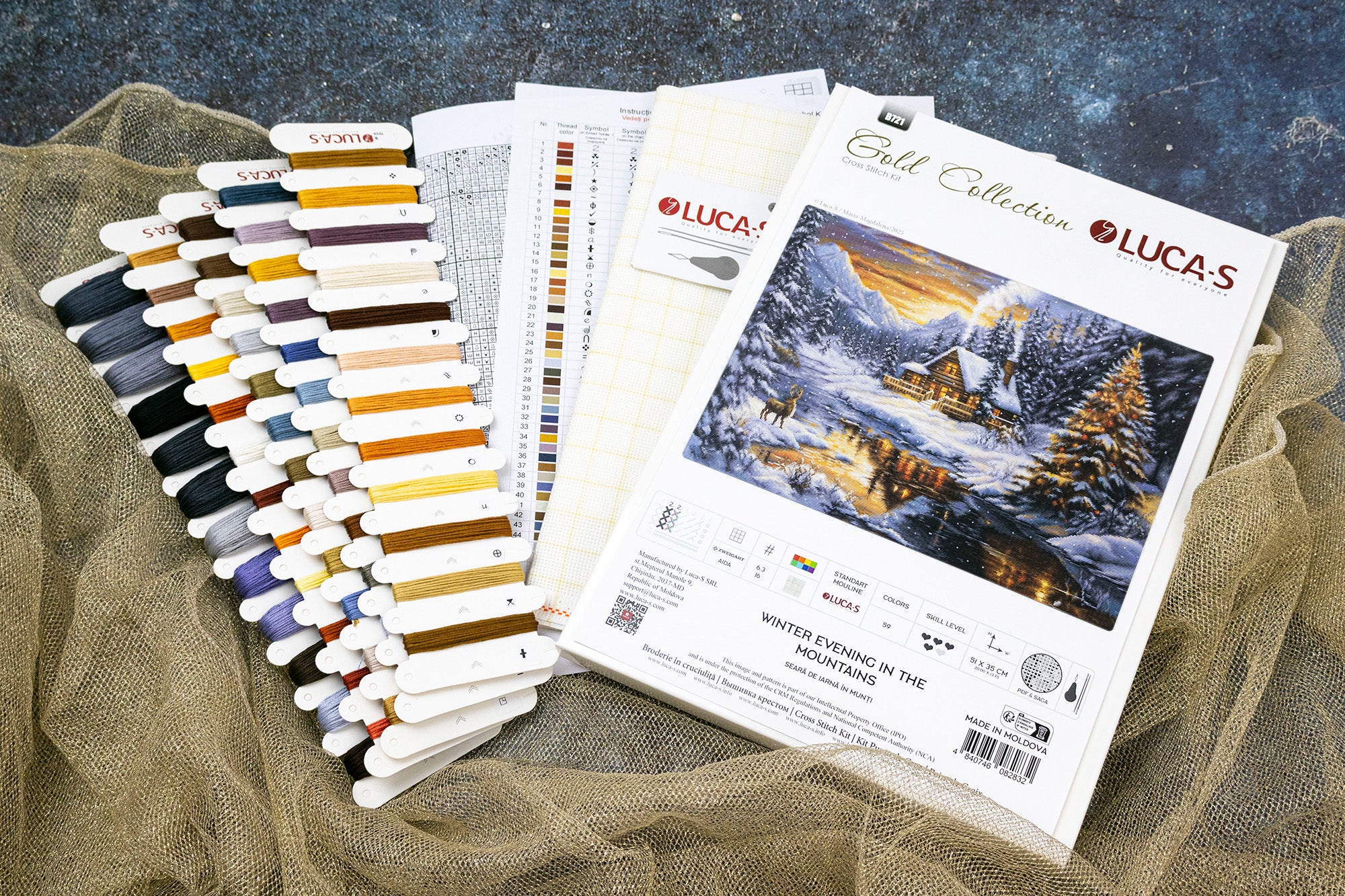 Luca-S GOLD B721 Winter Evening in the Mountains Cross Stitch Kit, Zweigart Aida 16ct Fabric, 51x35 cm, 59 Colors, 100% Cotton Threads