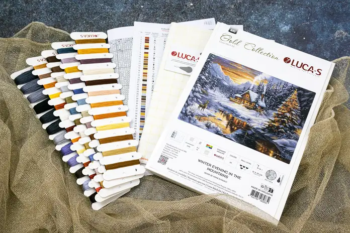 Luca-S GOLD B721 Winter Evening in the Mountains Cross Stitch Kit, Zweigart Aida 16ct Fabric, 51x35 cm, 59 Colors, 100% Cotton Threads