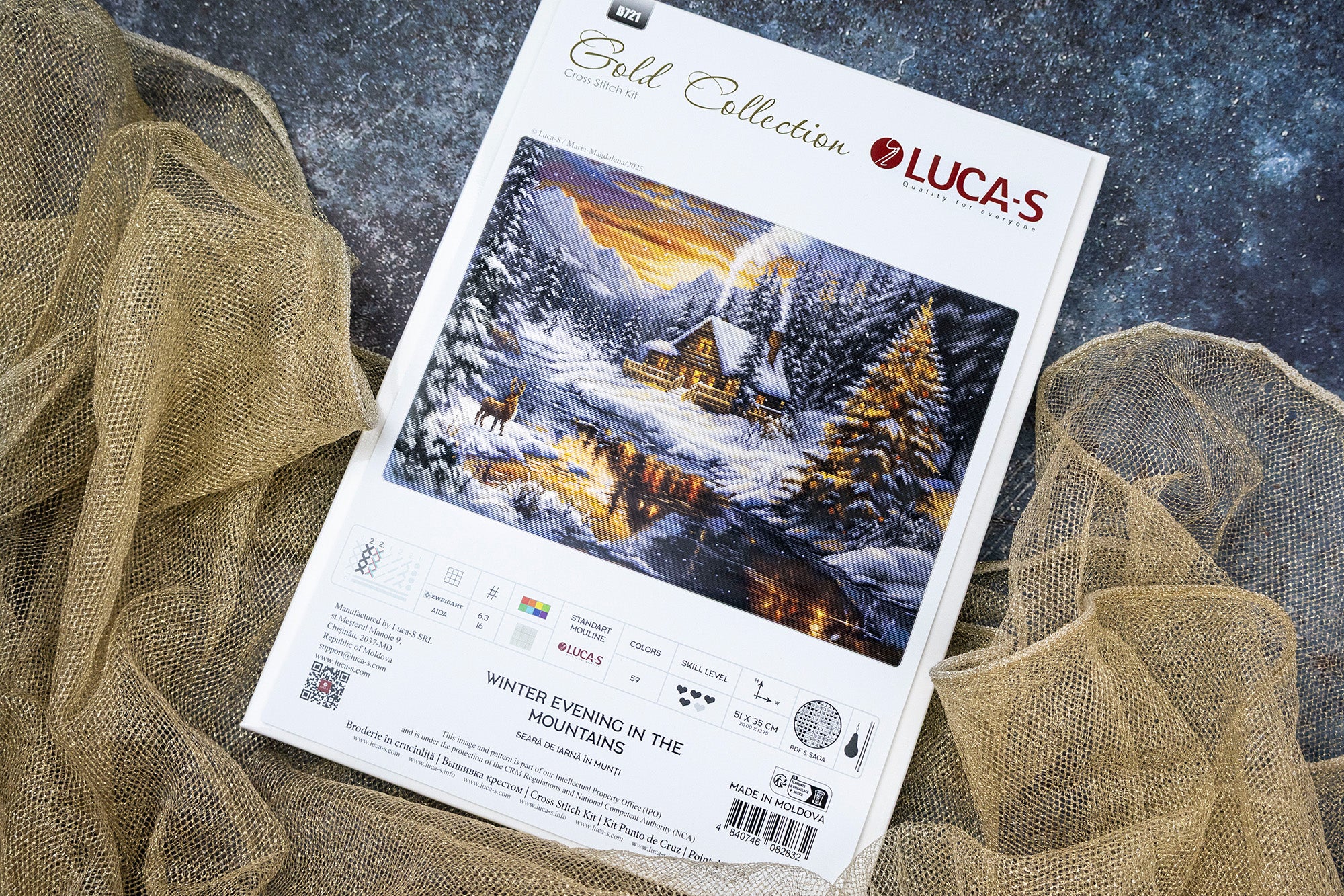 Luca-S GOLD B721 Winter Evening in the Mountains Cross Stitch Kit, Zweigart Aida 16ct Fabric, 51x35 cm, 59 Colors, 100% Cotton Threads