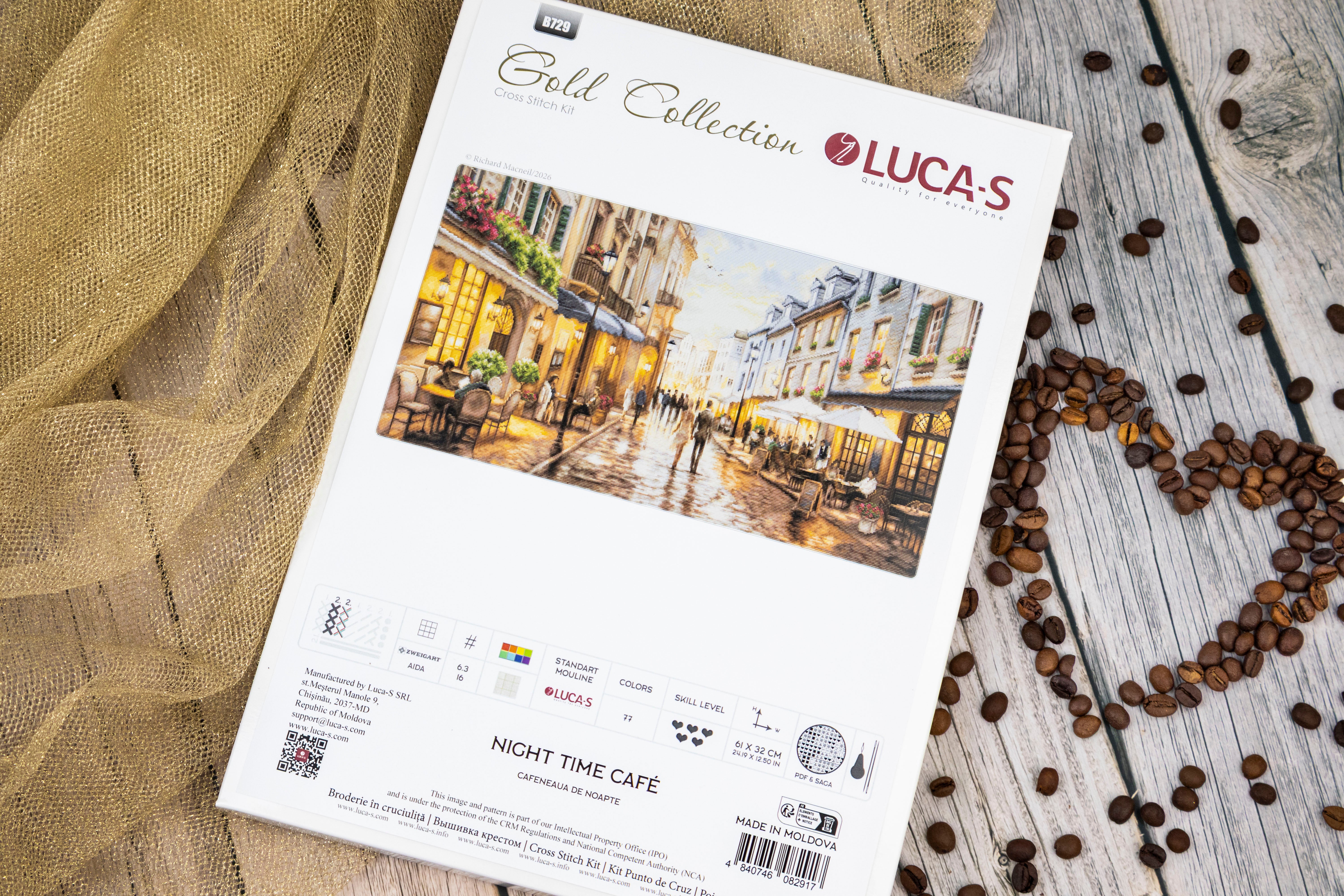 Kit Broderie Luca-S B729 Cafeneaua de Noapte, Colecția Gold, Pânză Zweigart Aida 16 ct, Ață 100% bumbac, Dimensiuni finale 61 x 32 cm